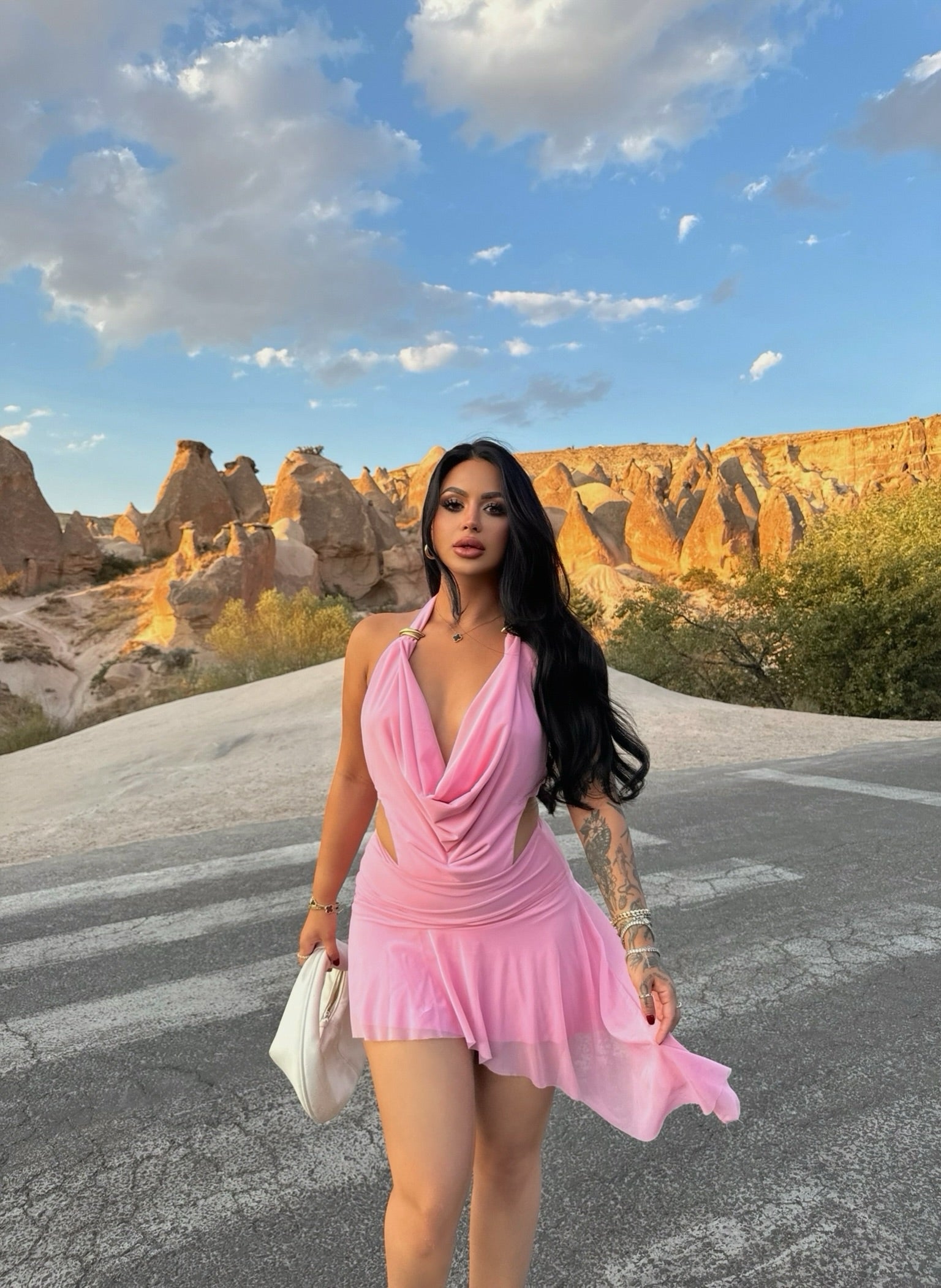 Pink Draped Neck Accessory Dress