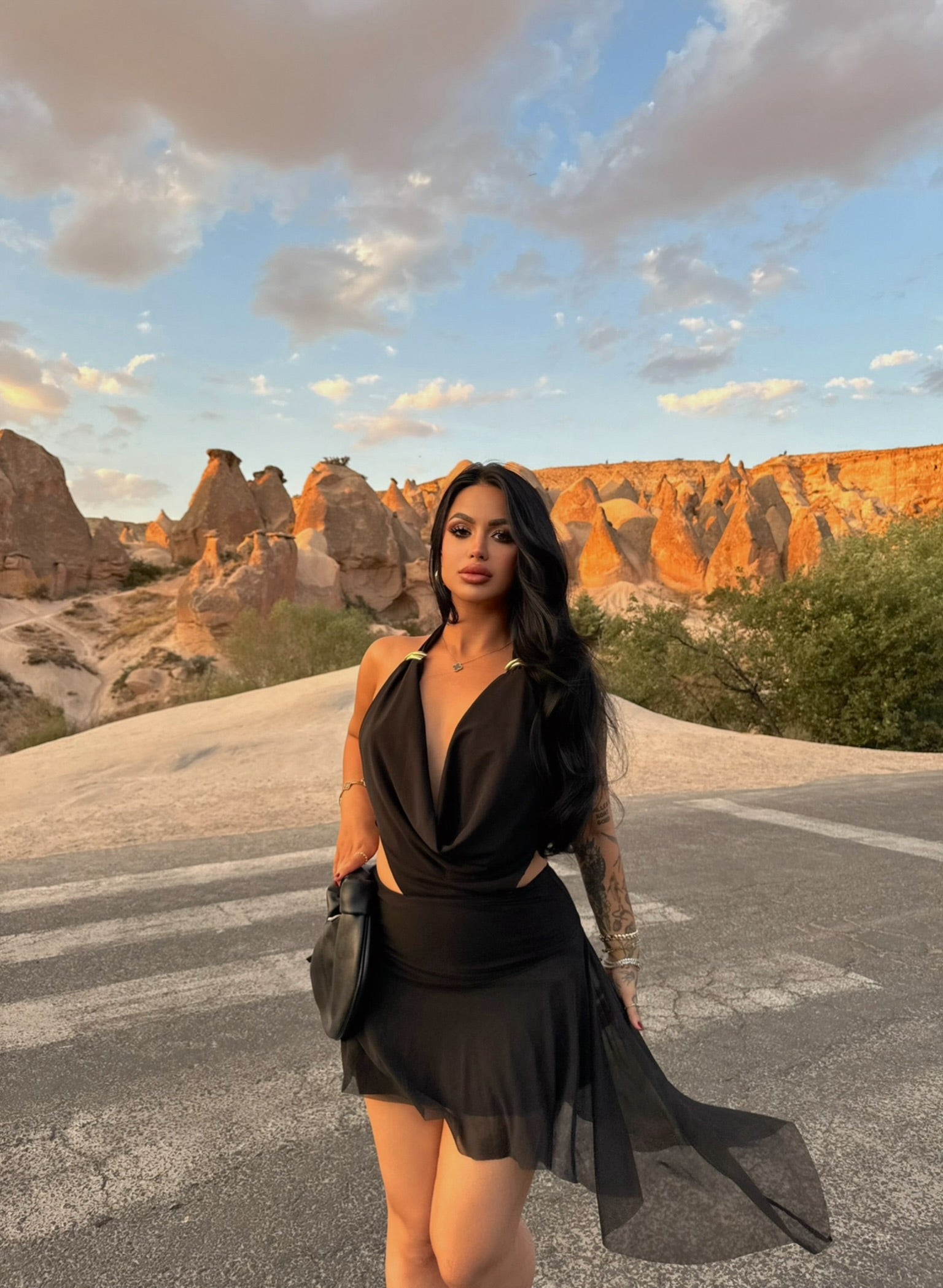 Black Draped Neck Accessory Dress
