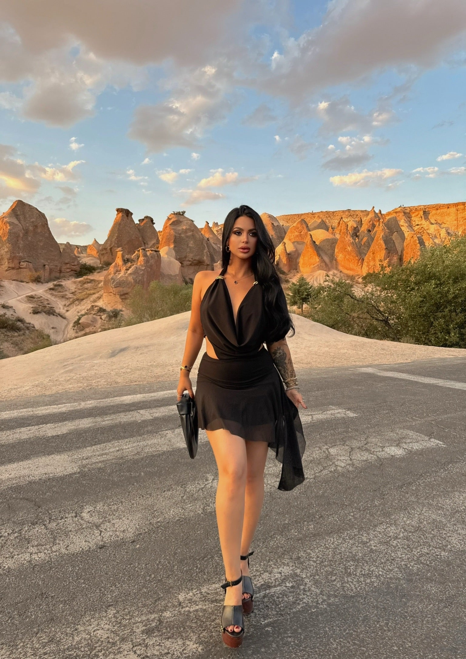 Black Draped Neck Accessory Dress
