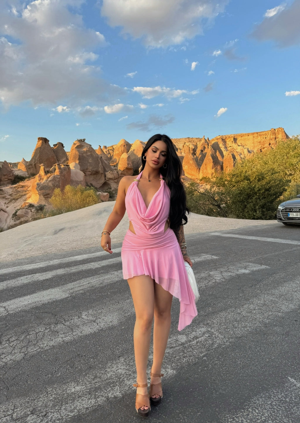 Pink Draped Neck Accessory Dress
