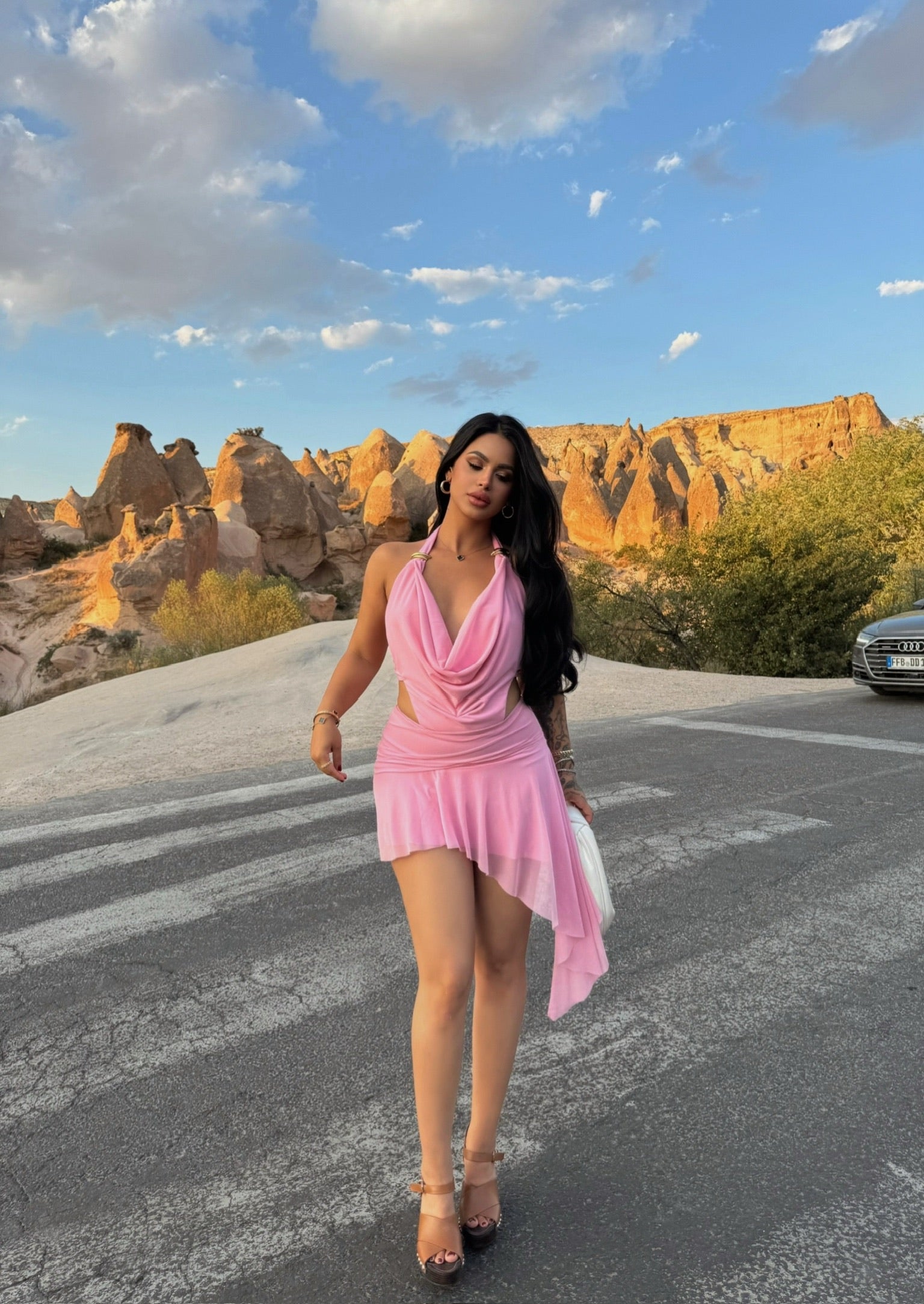 Pink Draped Neck Accessory Dress
