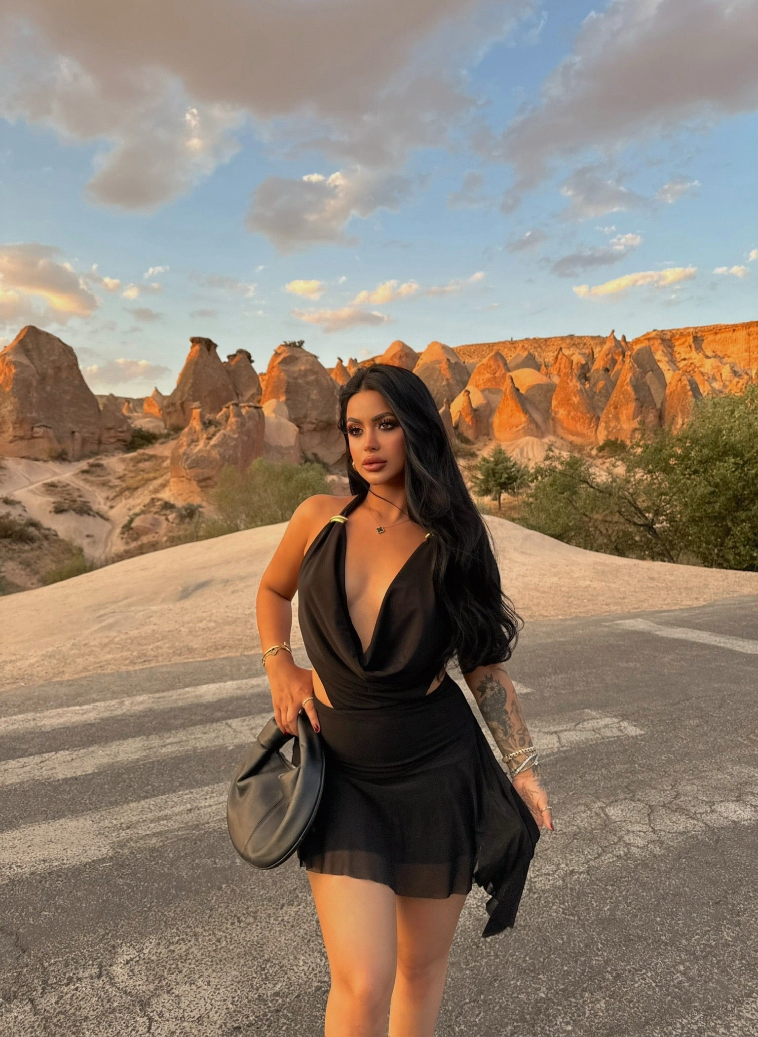 Black Draped Neck Accessory Dress