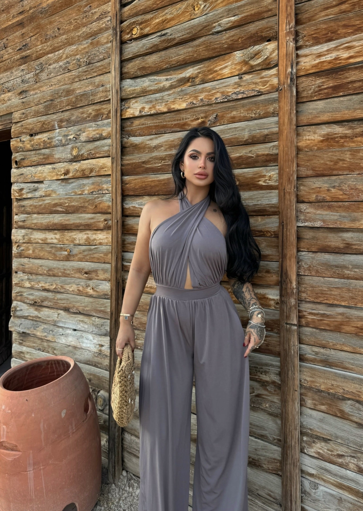 Beige Cross Neck Wide-Leg Jumpsuit