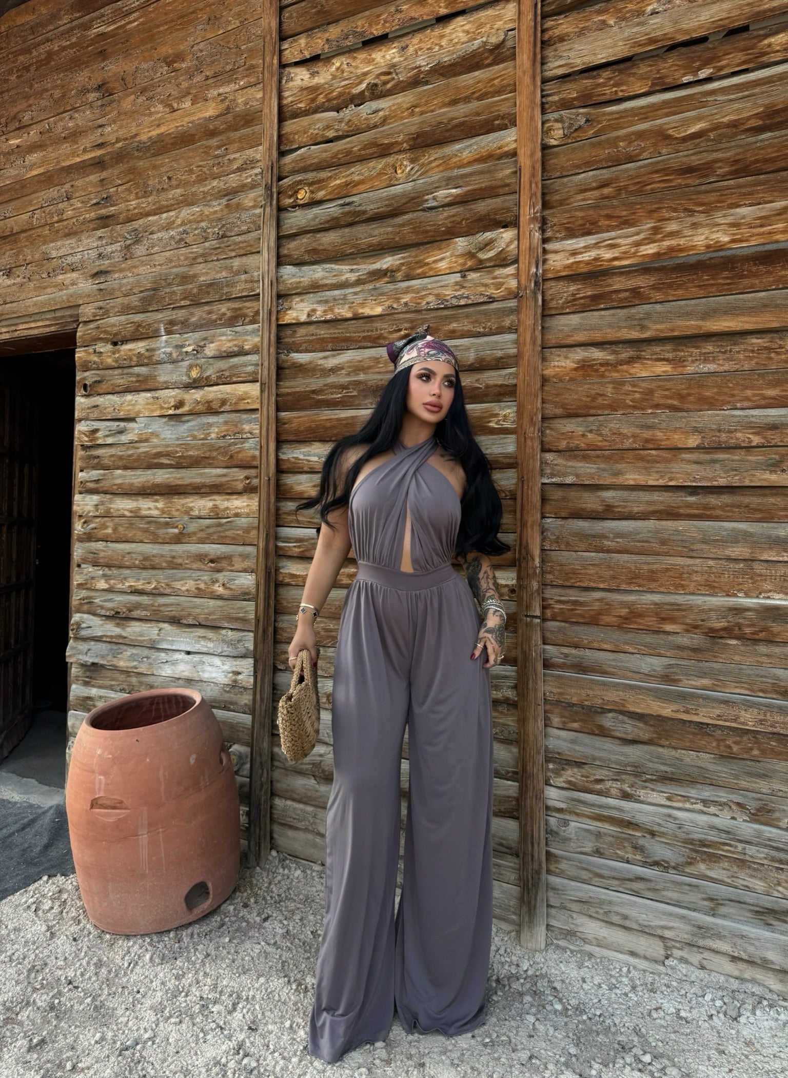 Beige Cross Neck Wide-Leg Jumpsuit