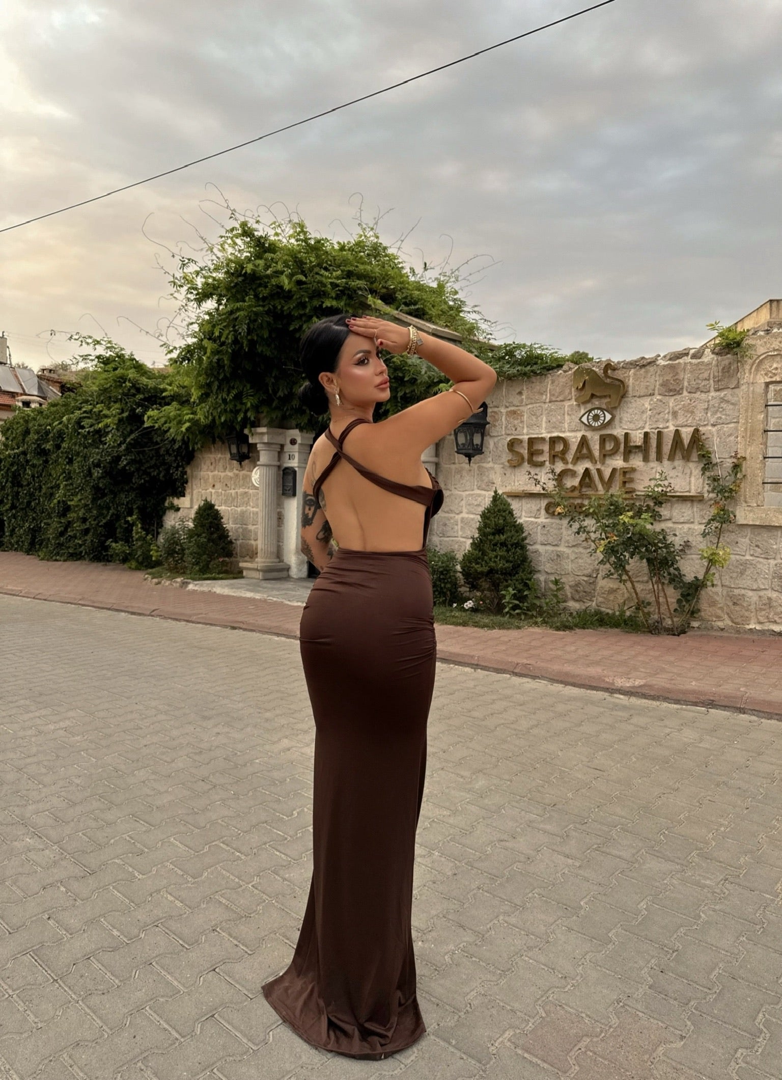 Brown Accessory Draped Dress