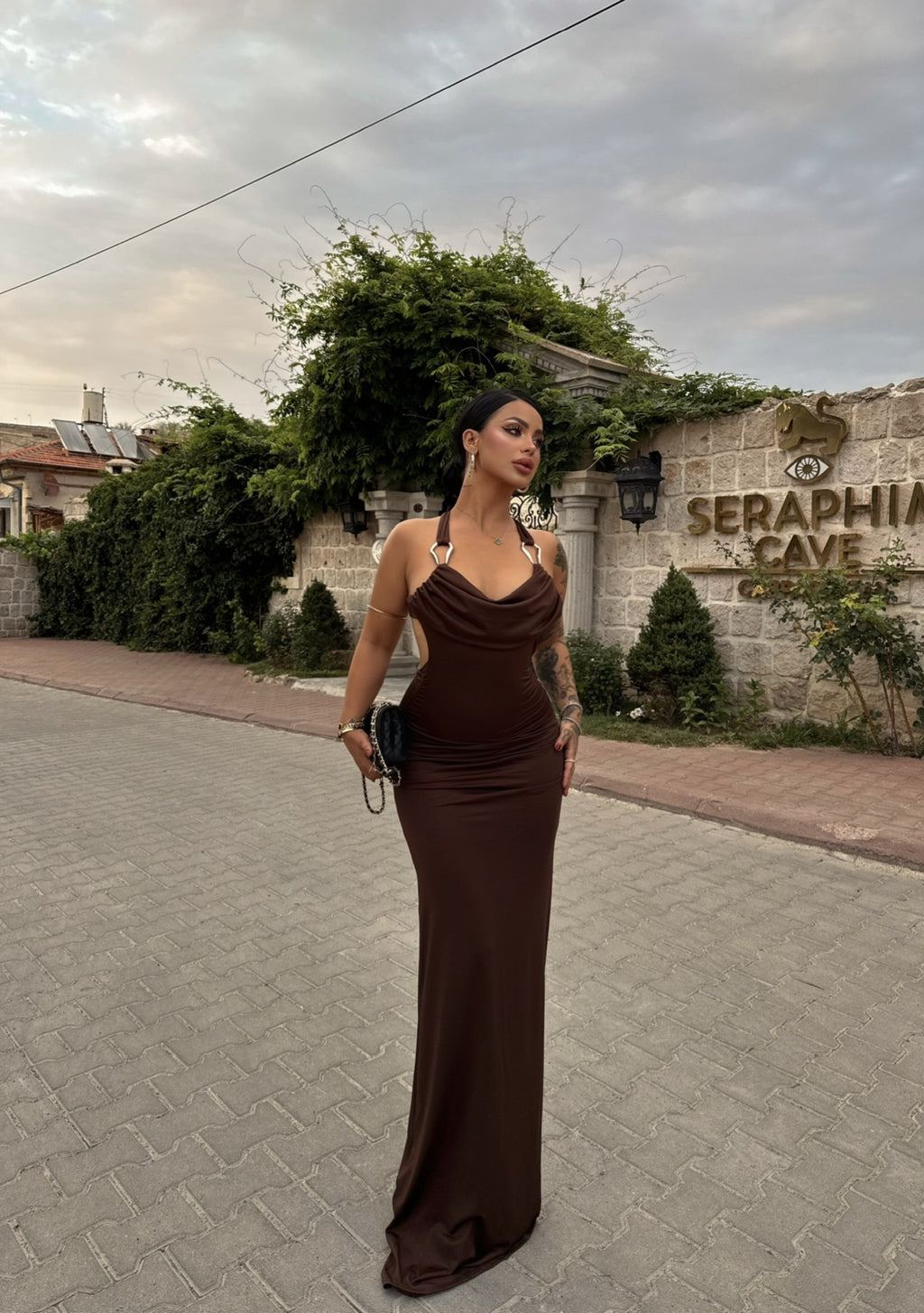 Brown Accessory Draped Dress