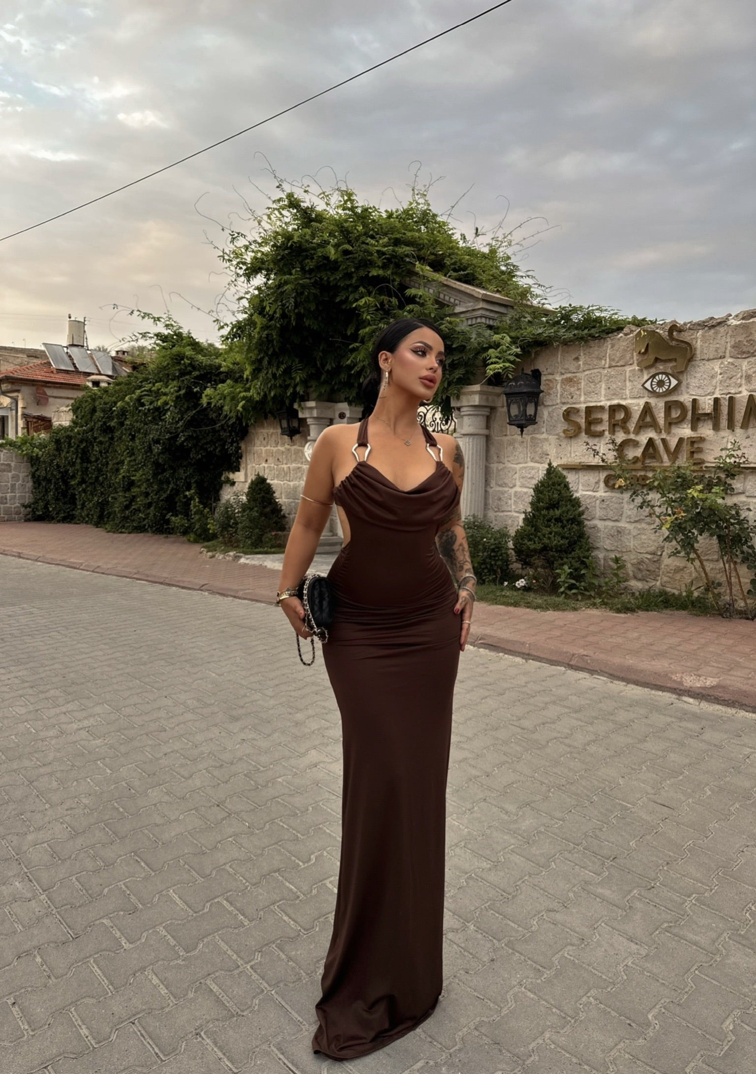 Brown Accessory Draped Dress