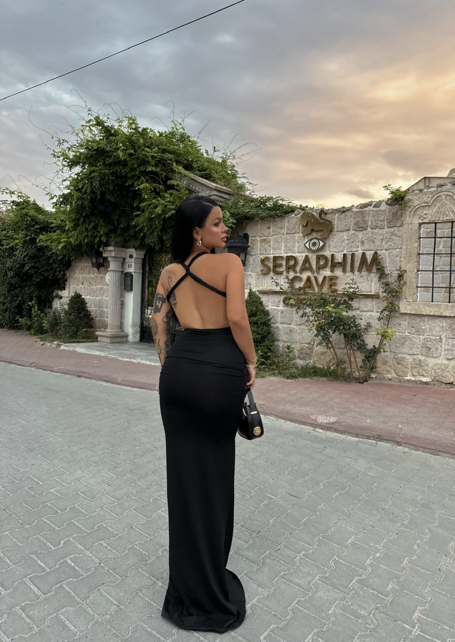 Black Accessory Draped Dress