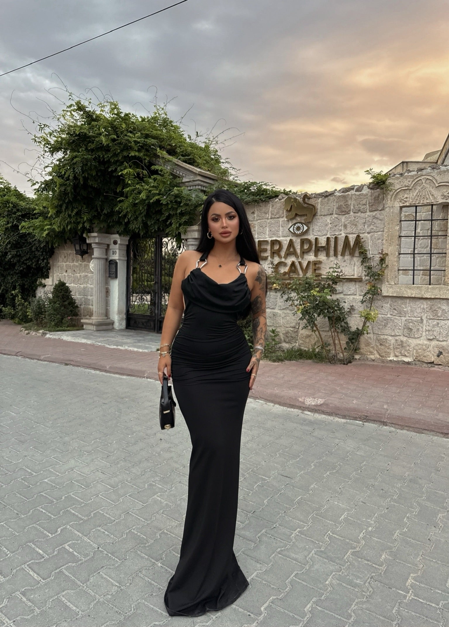Black Accessory Draped Dress