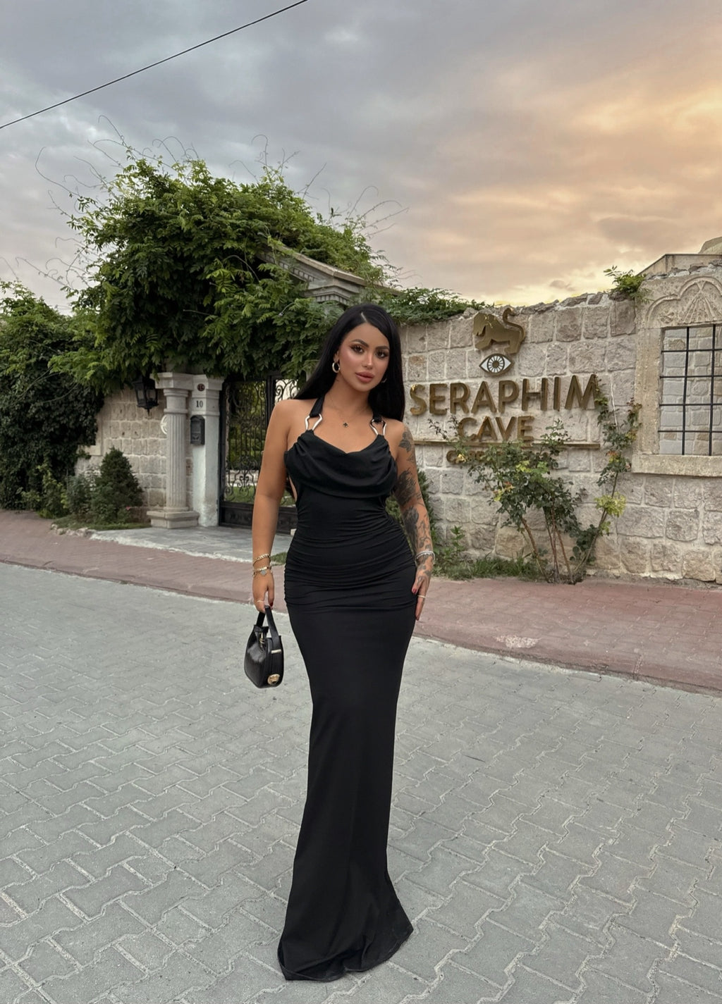 Black Accessory Draped Dress