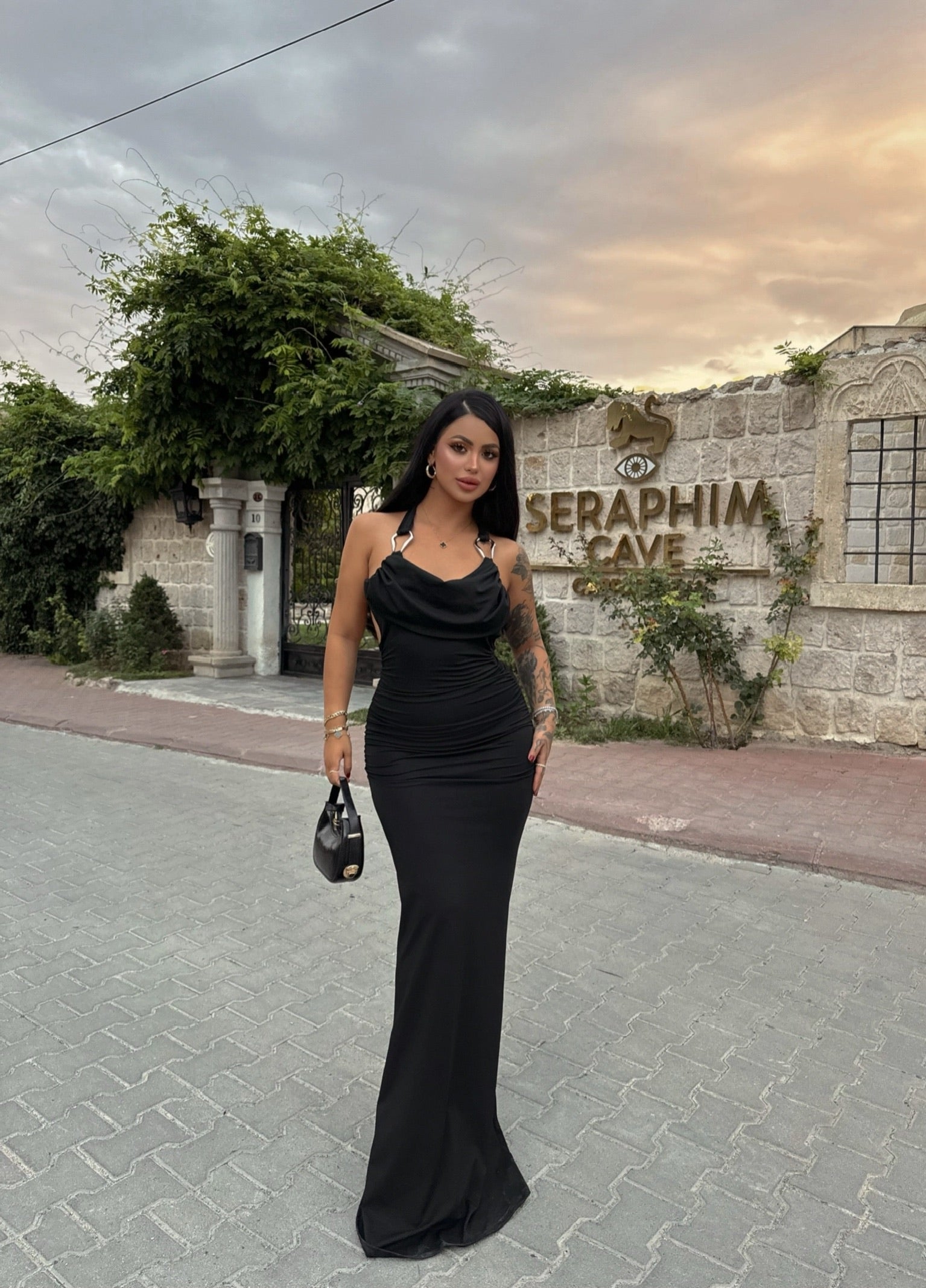 Black Accessory Draped Dress