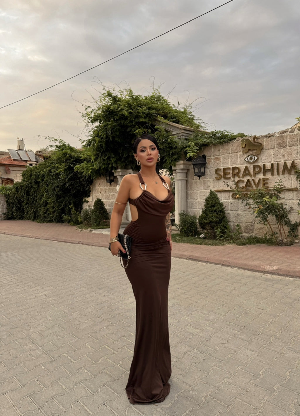 Brown Accessory Draped Dress