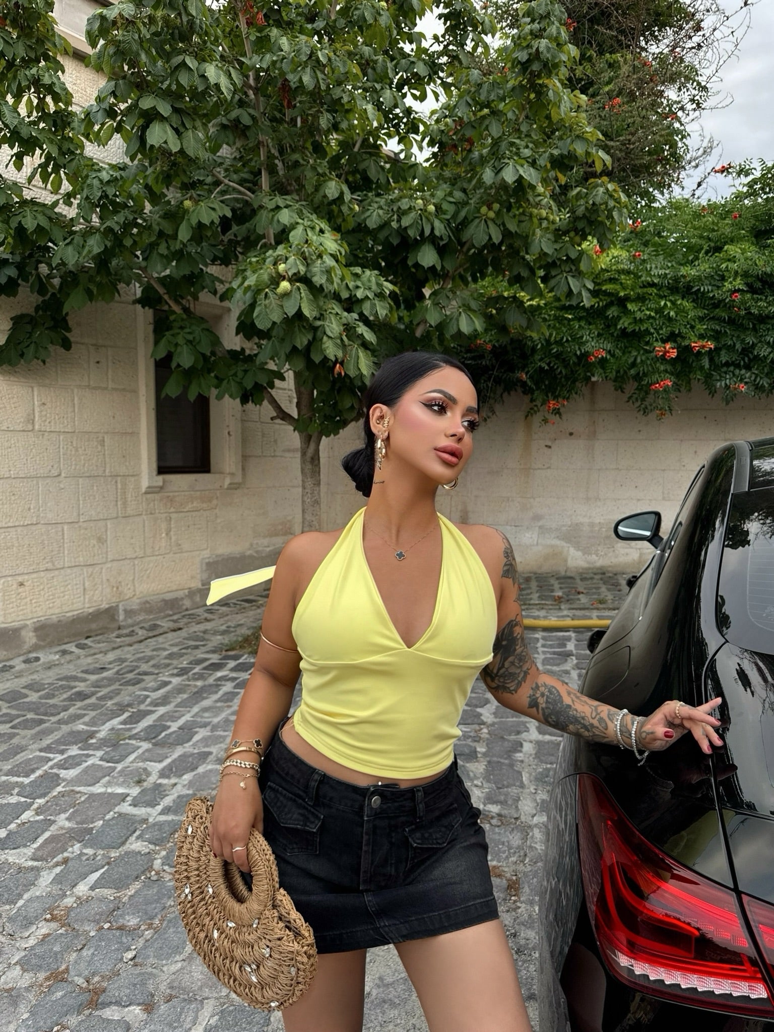 Yellow Halter Neck Flap Crop Top