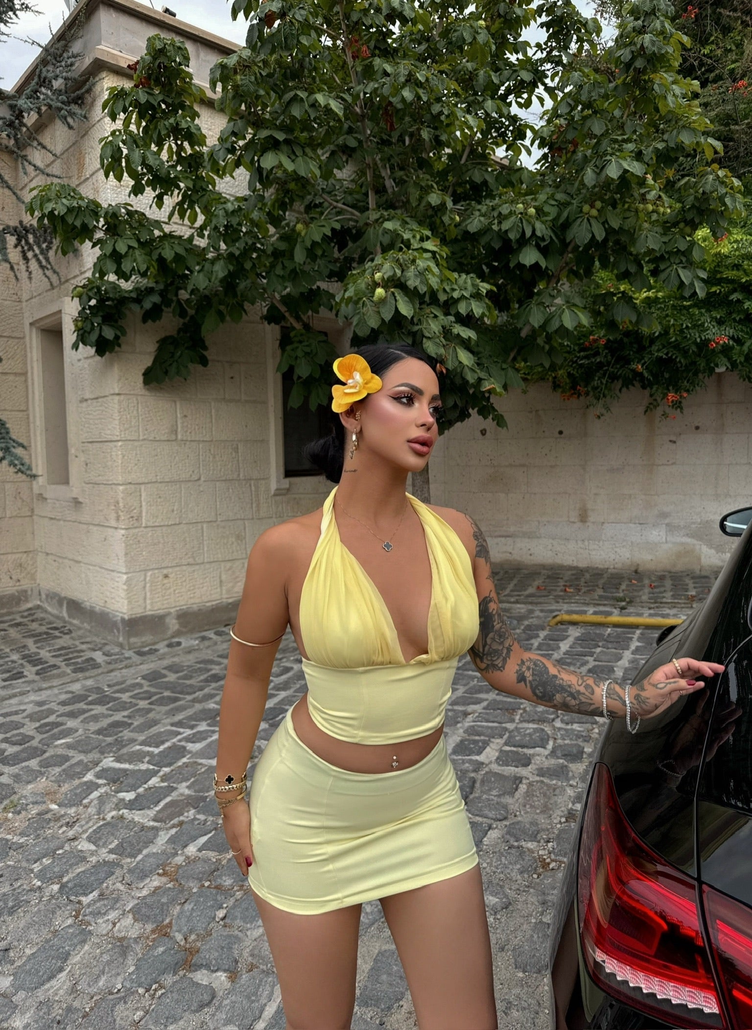 Yellow Tulle Detail Skirted Set