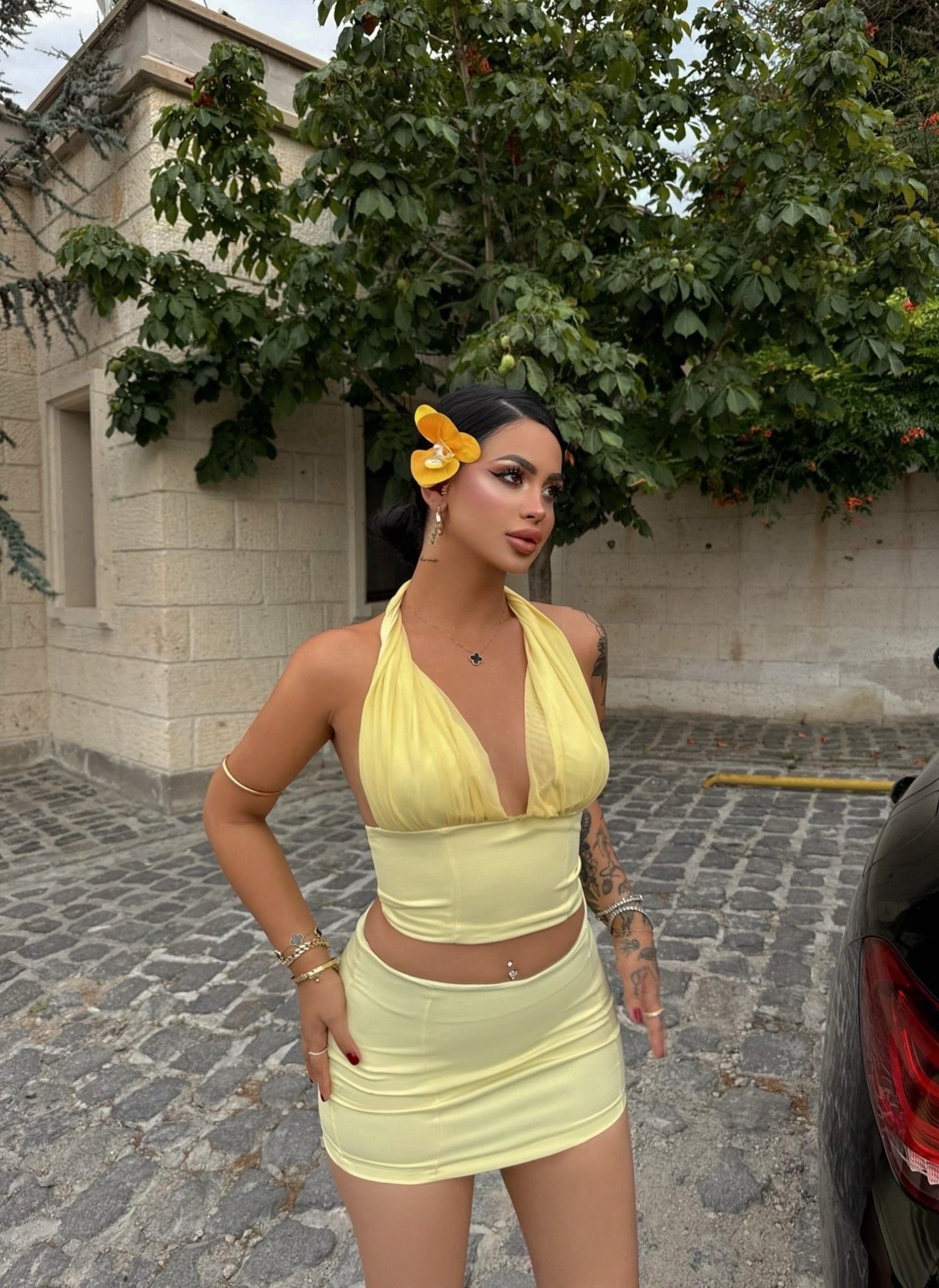 Yellow Tulle Detail Skirted Set