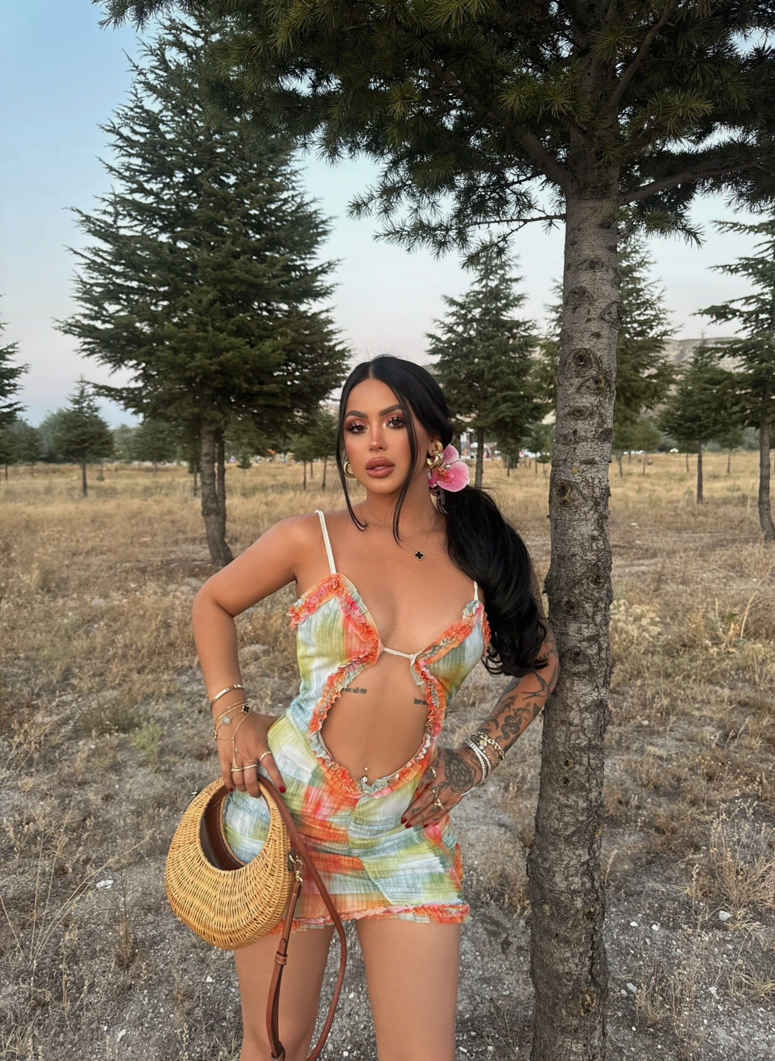 Green Belly Cutout Mini Dress