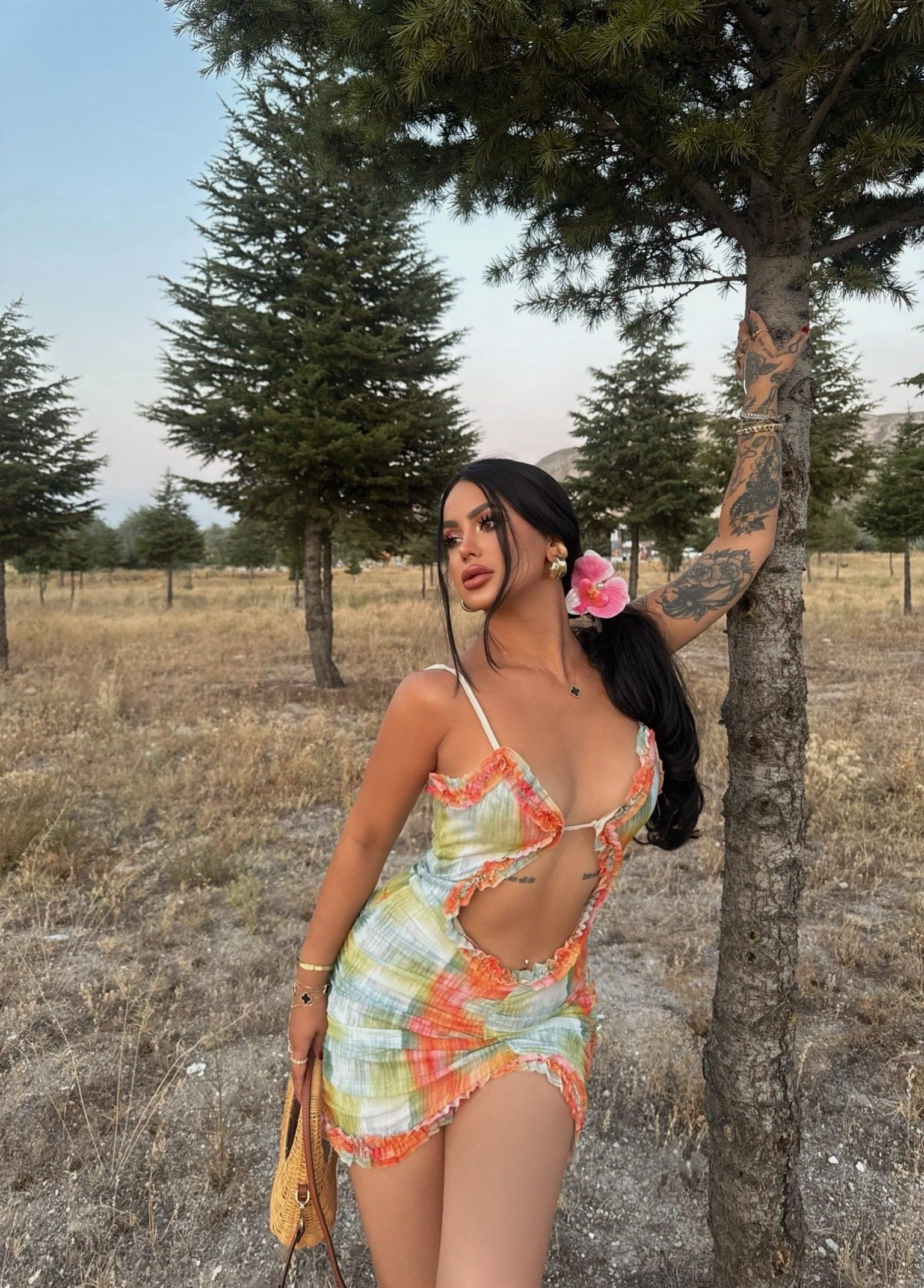 Green Belly Cutout Mini Dress