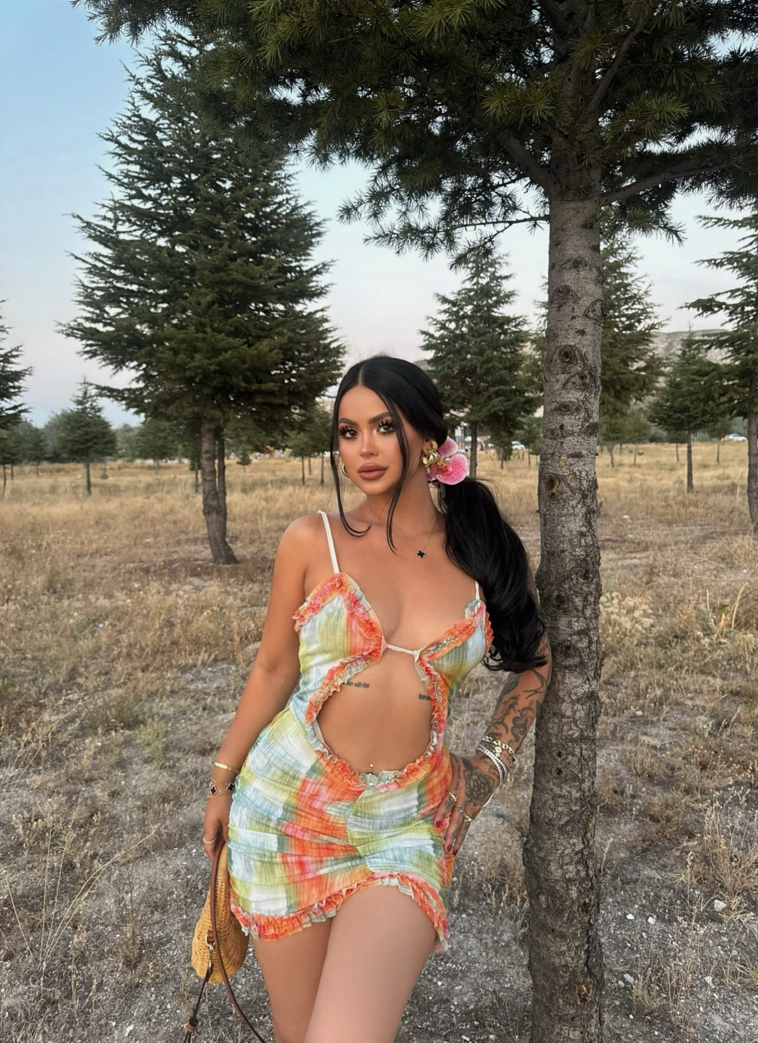 Green Belly Cutout Mini Dress