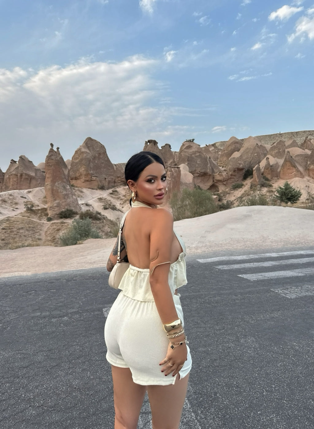 Cream Shorts Crinkled Two-Piece Set