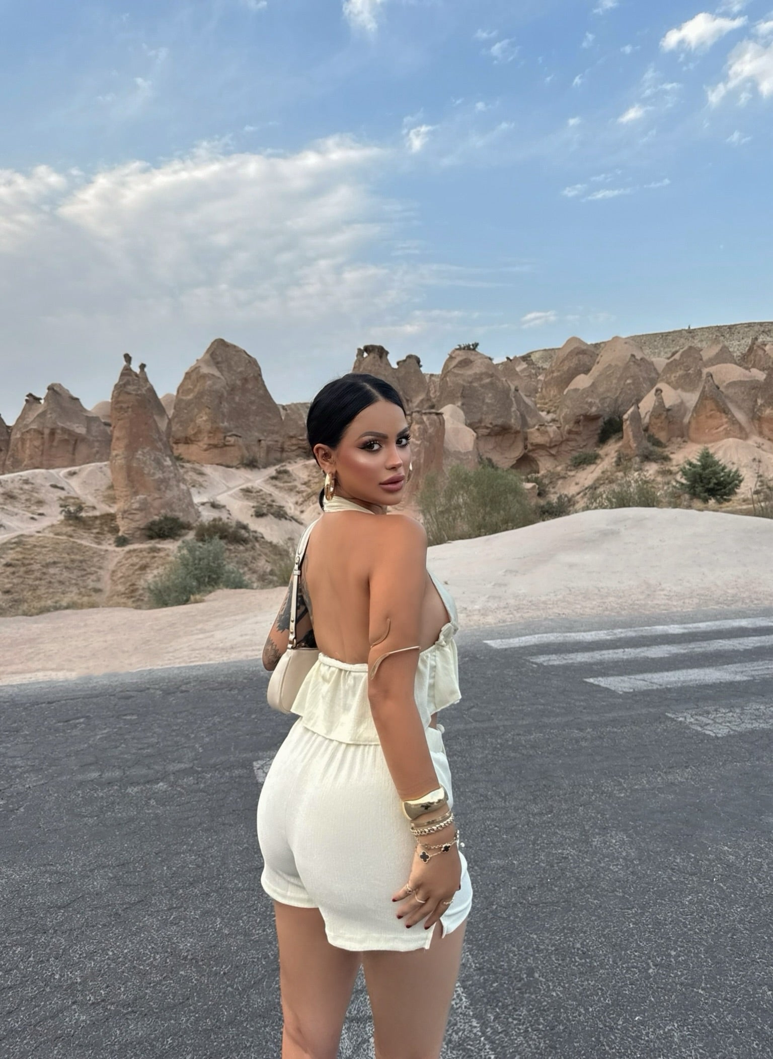 Cream Shorts Crinkled Two-Piece Set