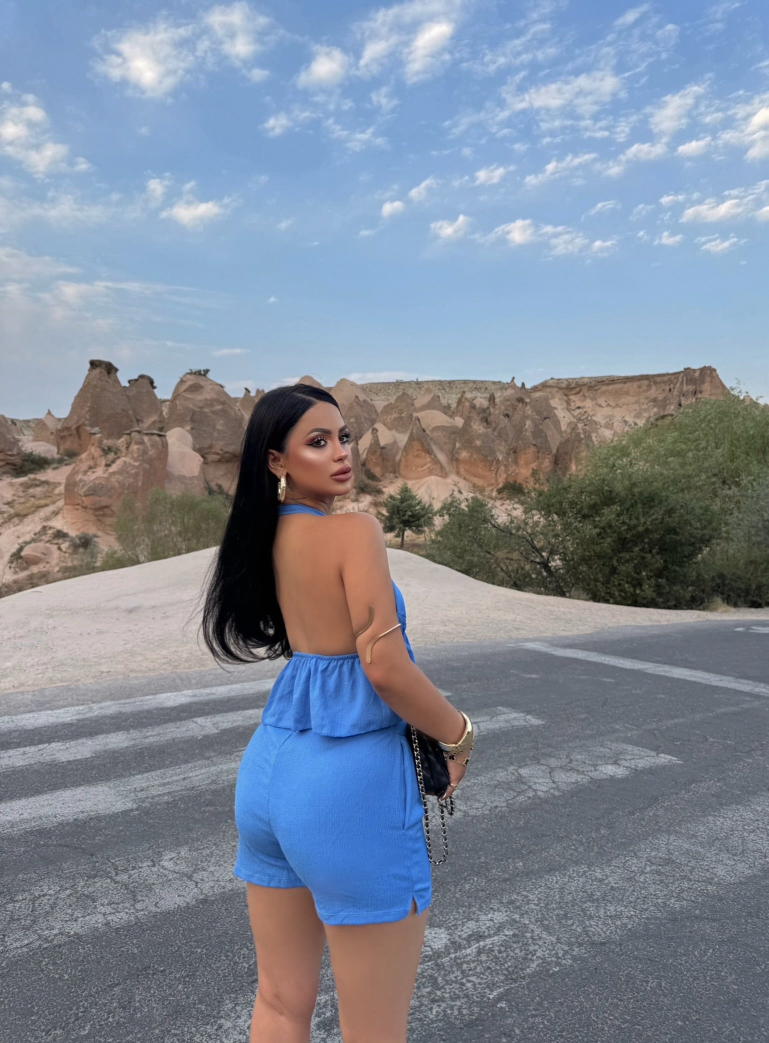 Blue Shorts Crinkled Two-Piece Set