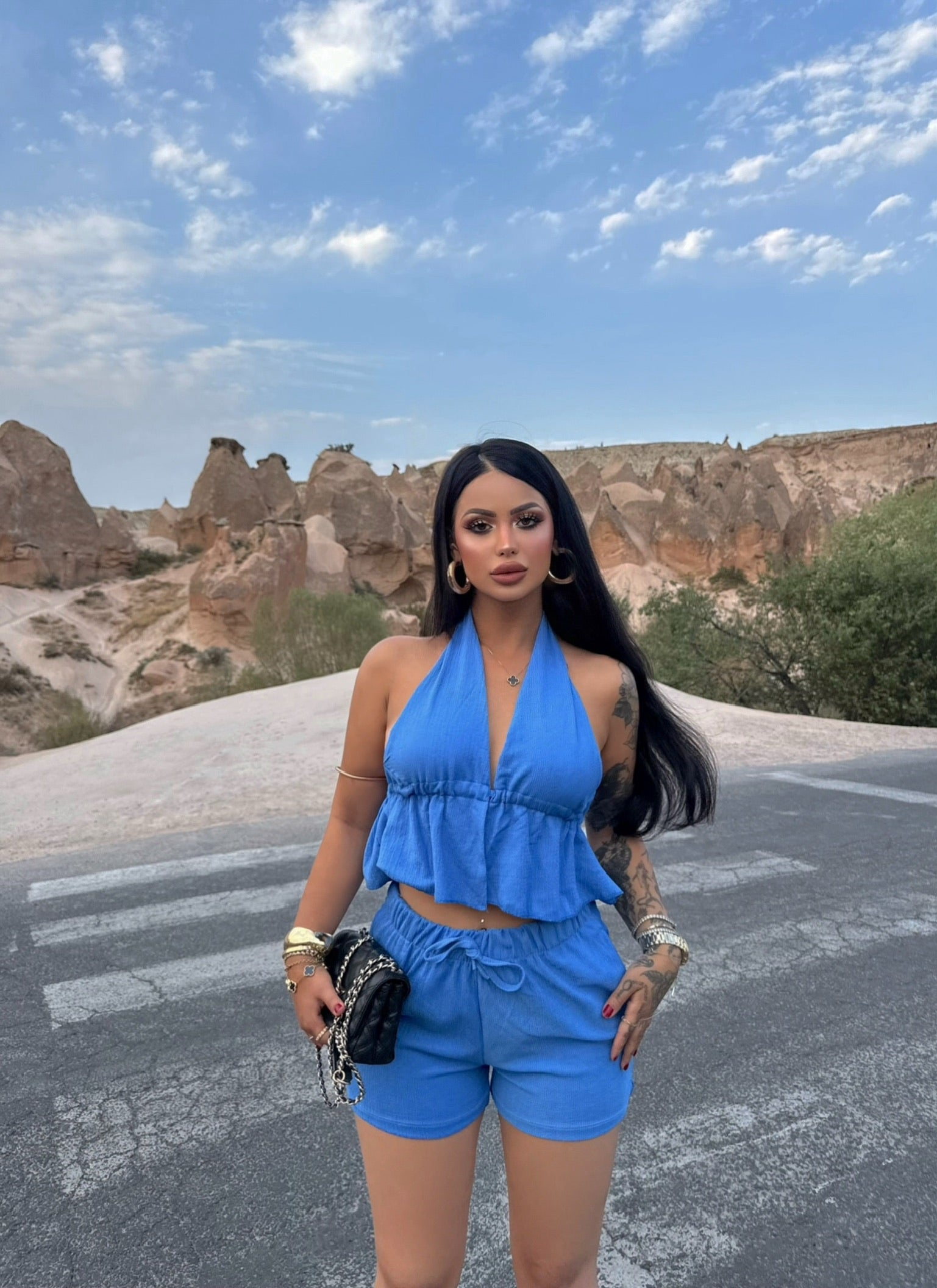 Blue Shorts Crinkled Two-Piece Set