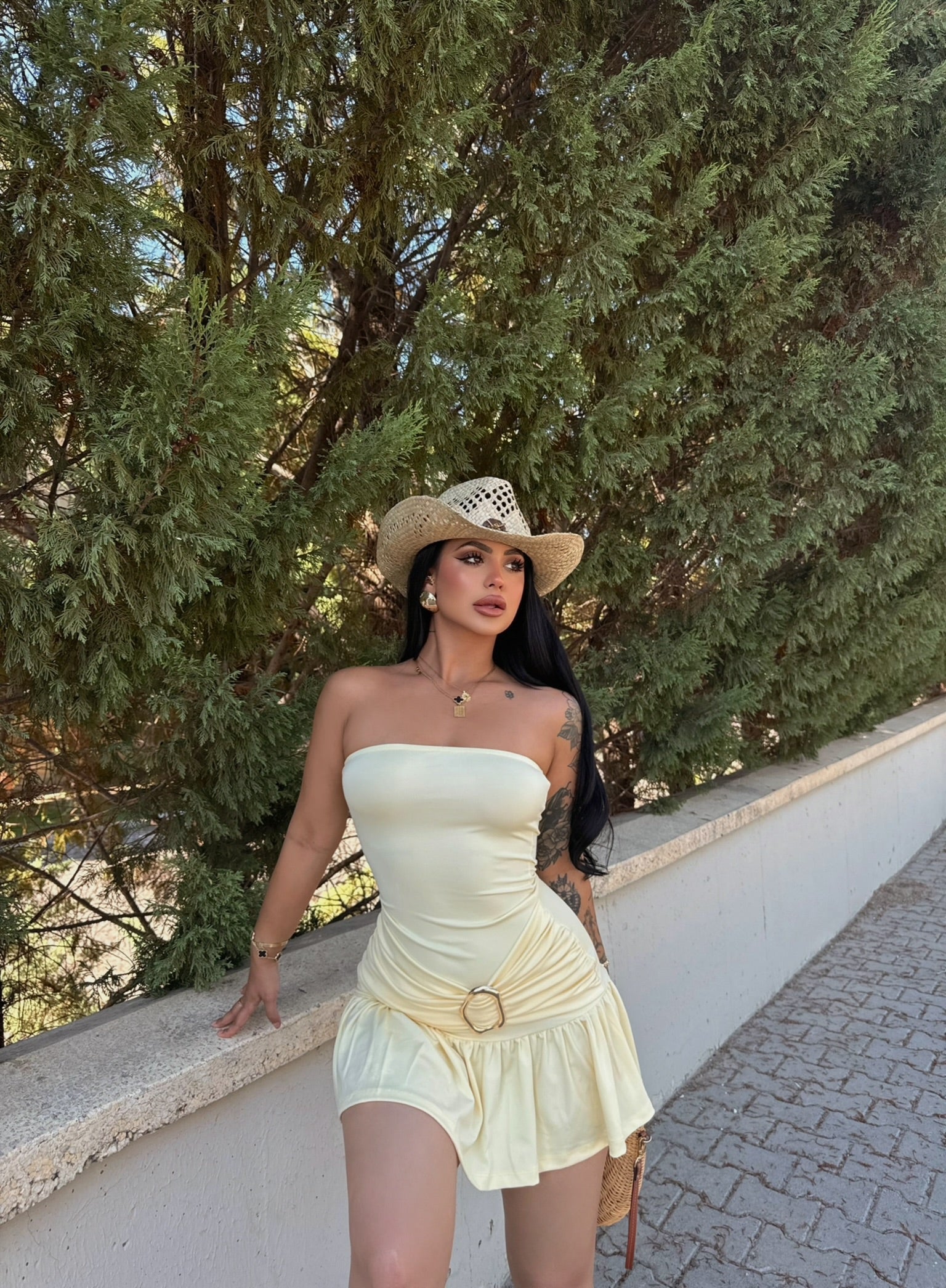 Yellow Buckled Hem Strapless Dress