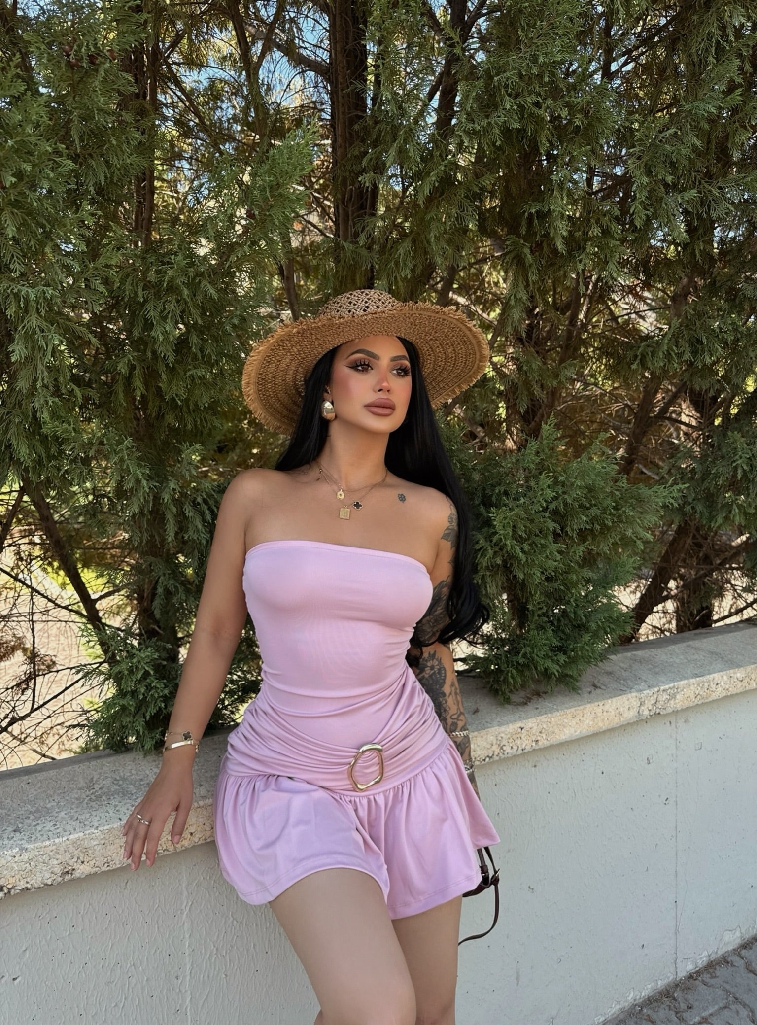 Pink Buckled Hem Strapless Dress
