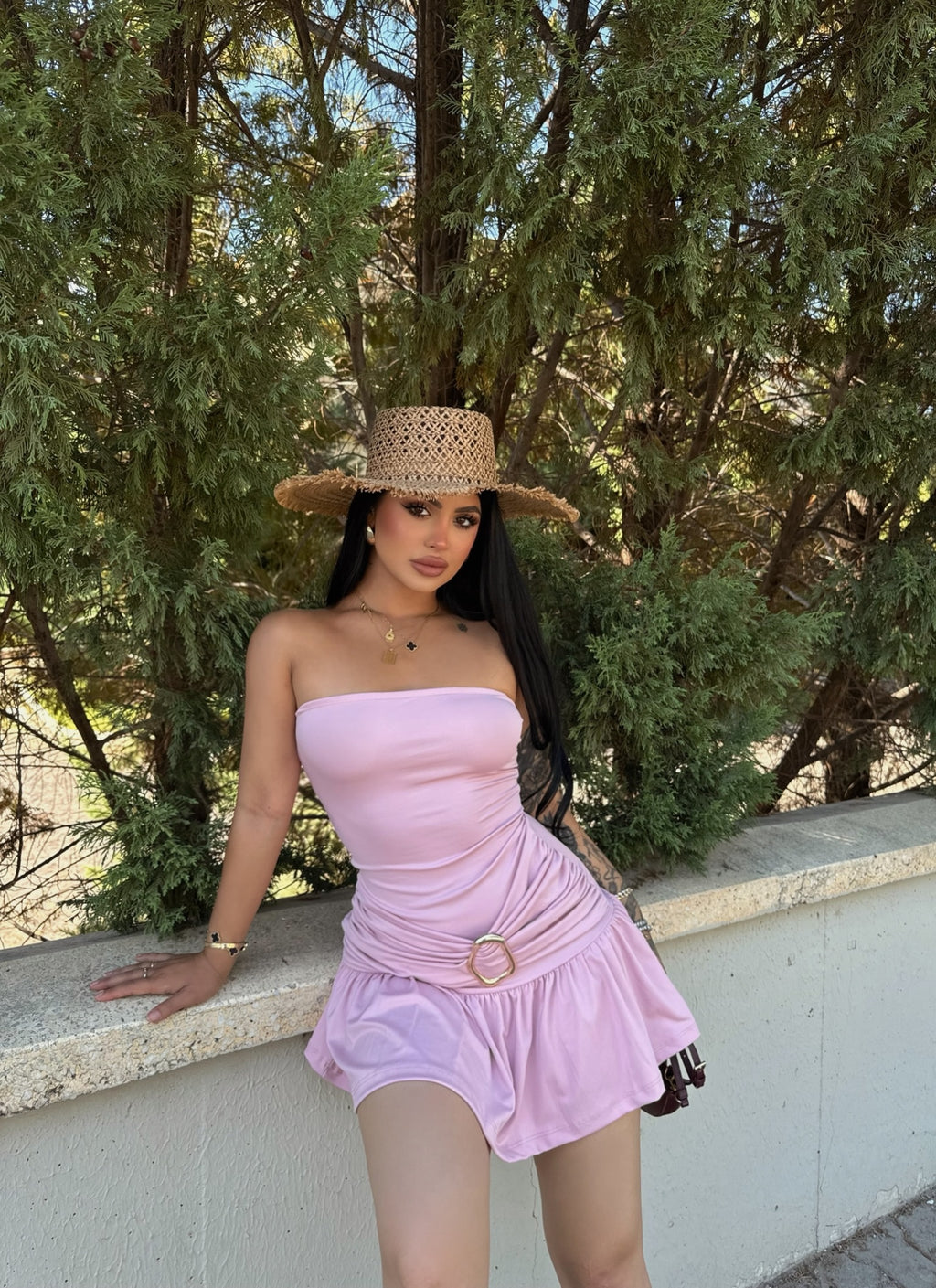 Pink Buckled Hem Strapless Dress