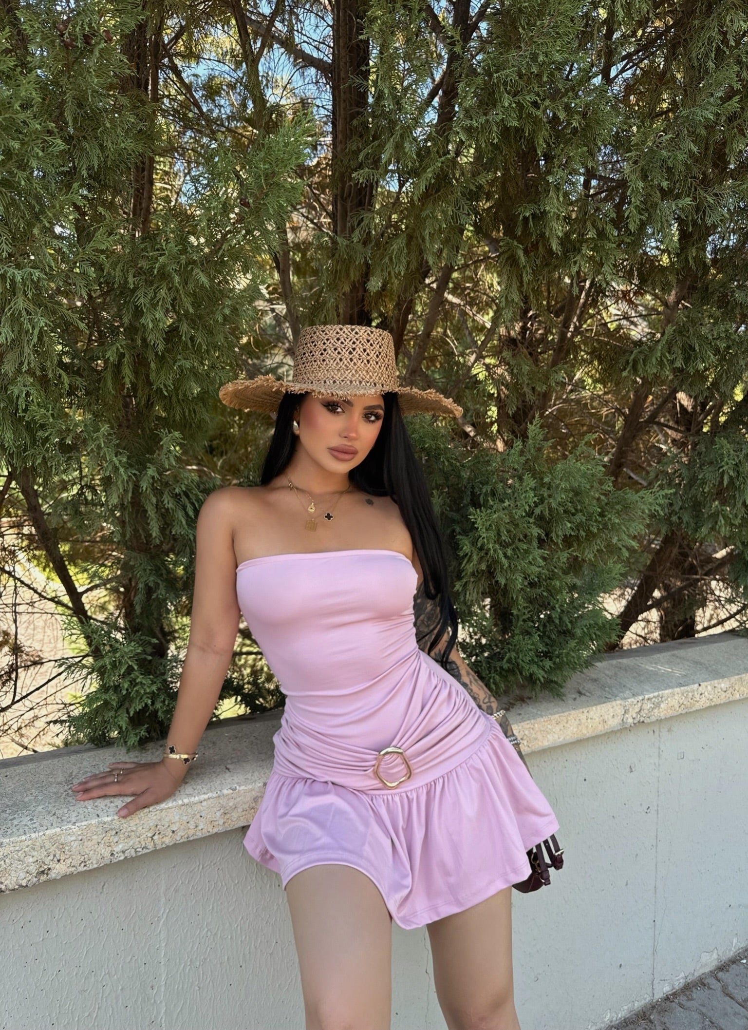 Pink Buckled Hem Strapless Dress