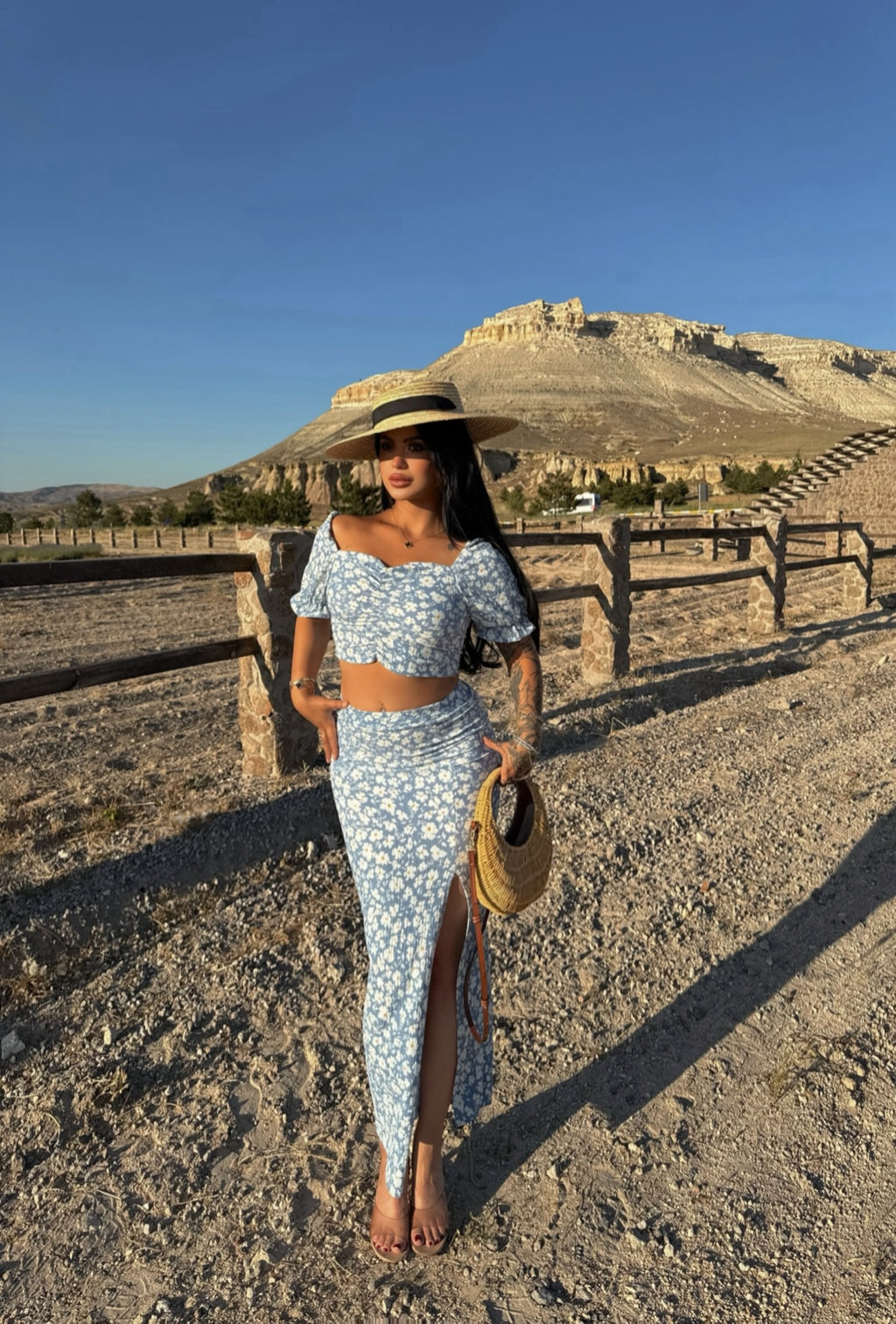 Blue Front Ruched Floral Two-Piece Set