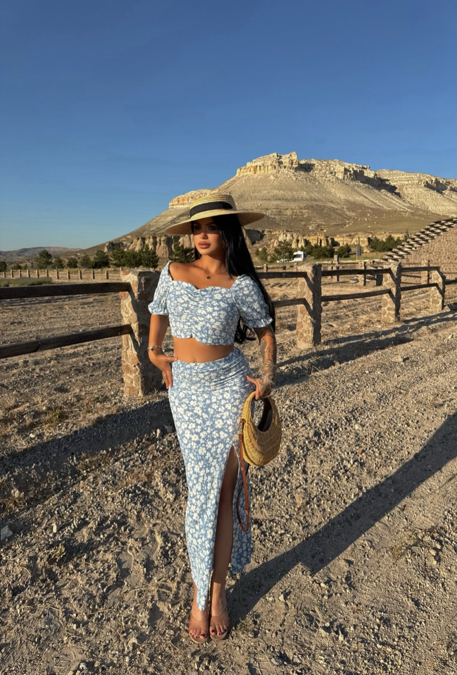 Blue Front Ruched Floral Two-Piece Set