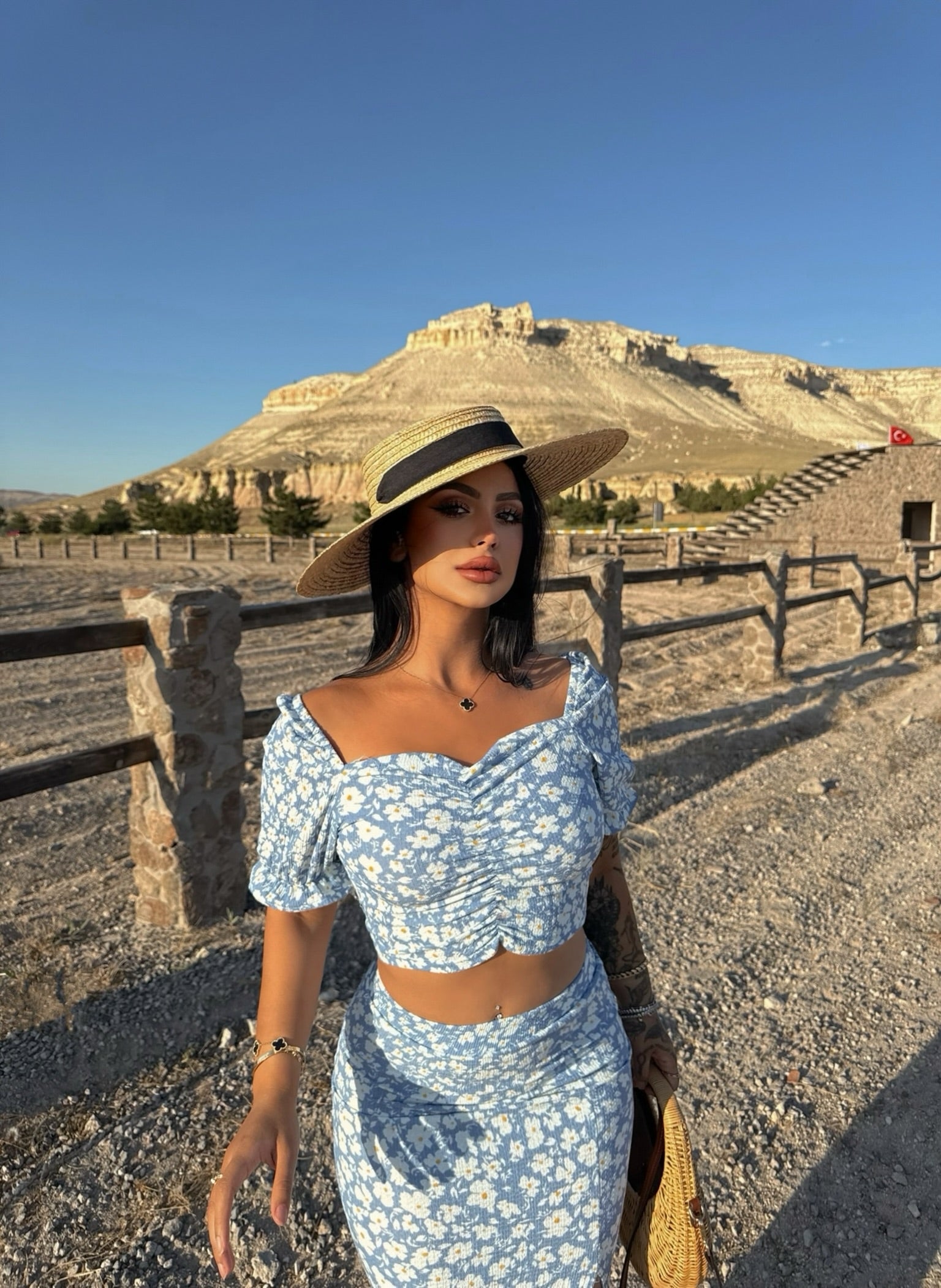 Blue Front Ruched Floral Two-Piece Set
