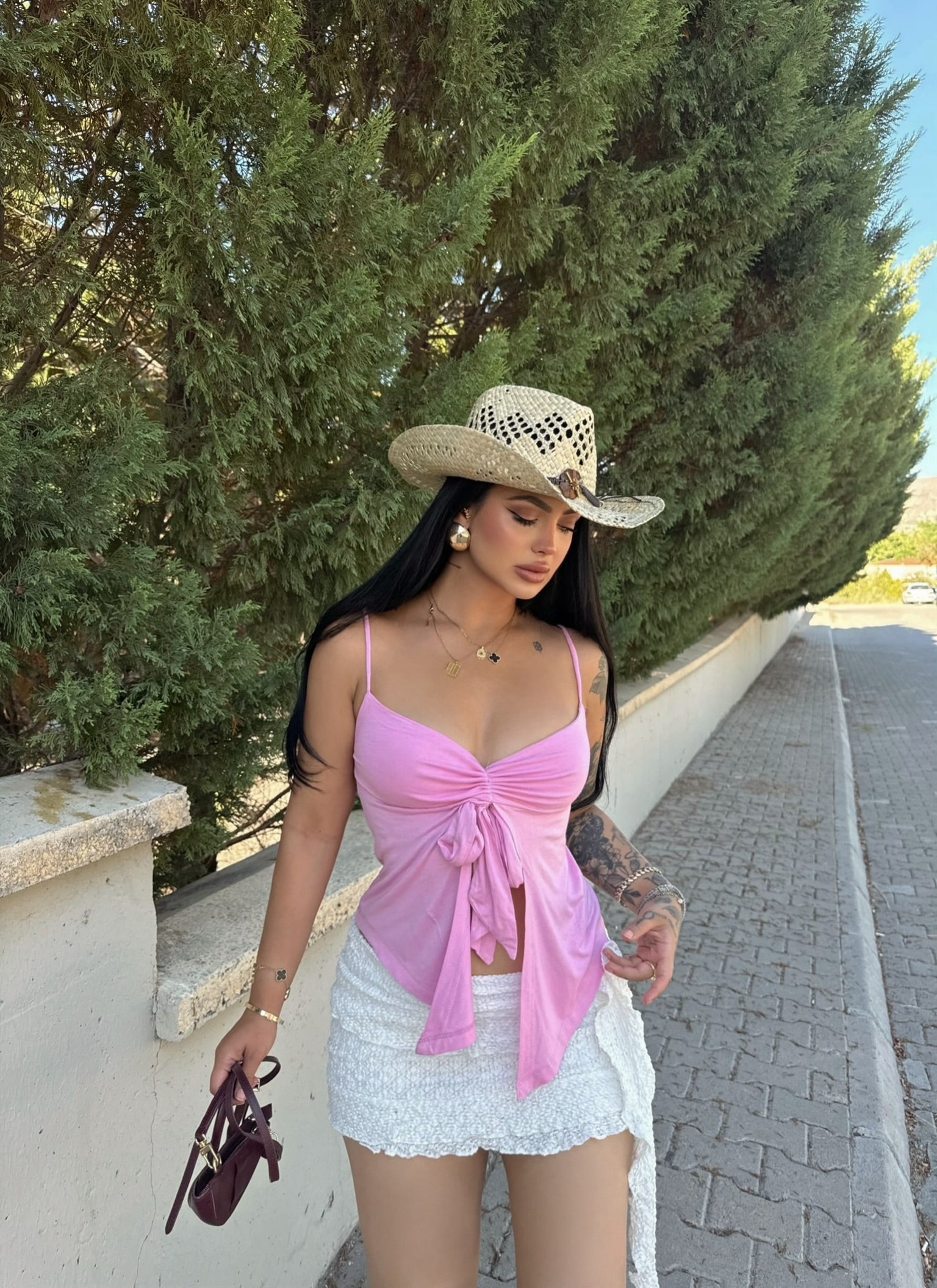Pink Bow Front Butterfly Crop Top