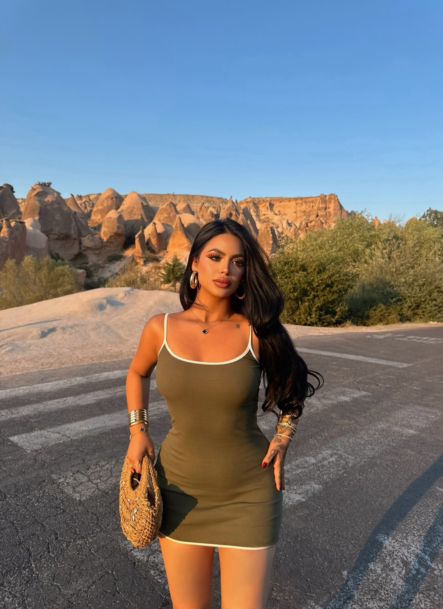 Khaki Piped Ribbed Dress