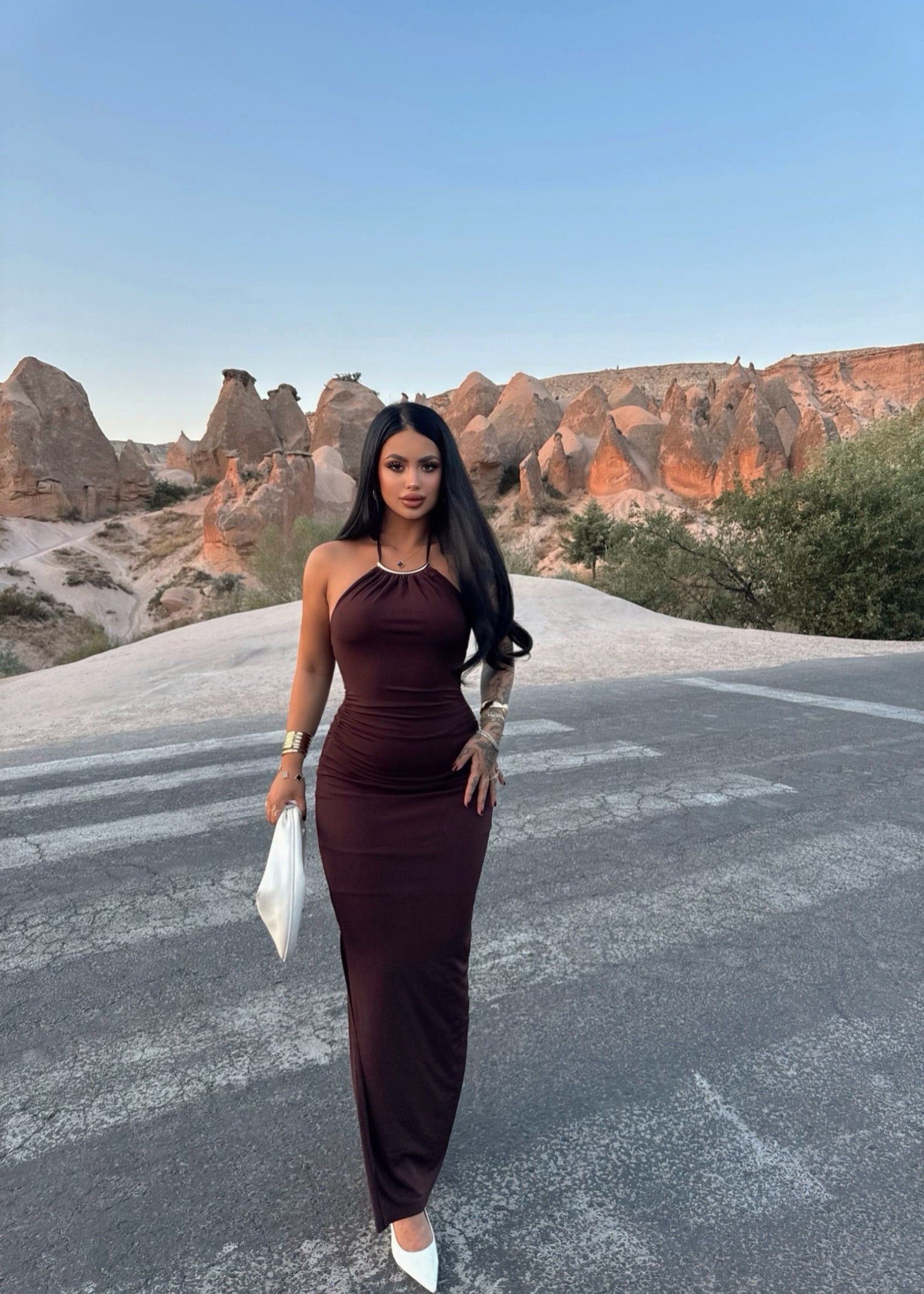 Brown Halter Neck Accessory Dress
