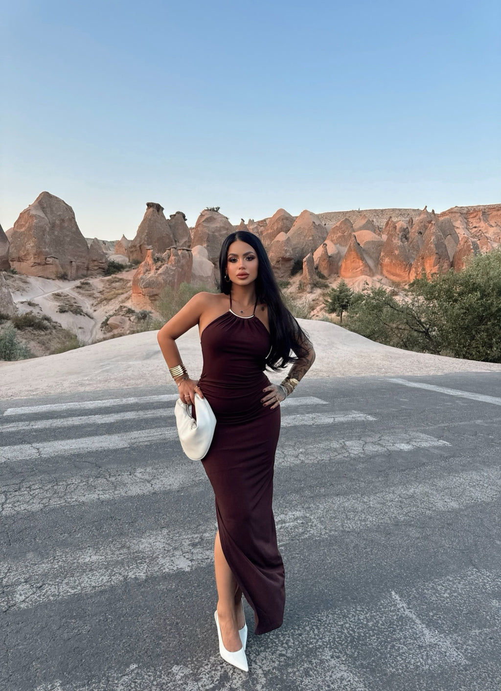 Brown Halter Neck Accessory Dress