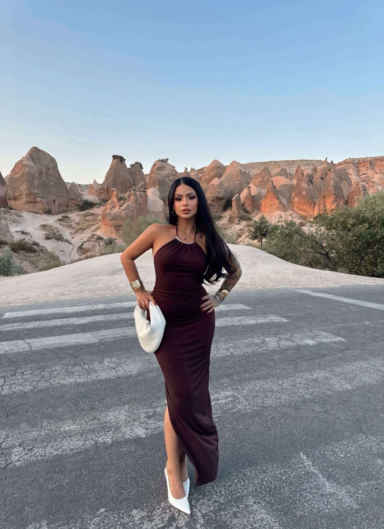 Brown Halter Neck Accessory Dress