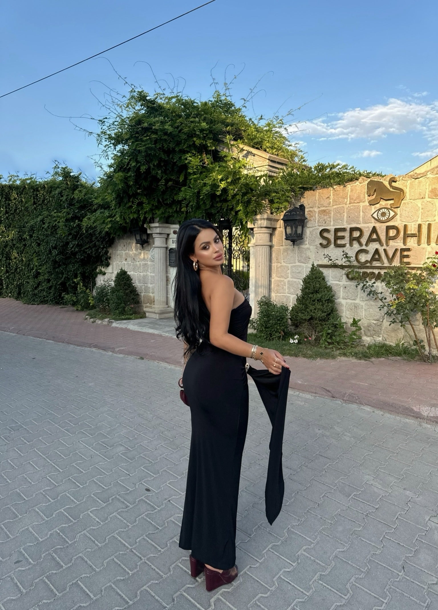 Black Double Buckle Strapless Maxi Dress