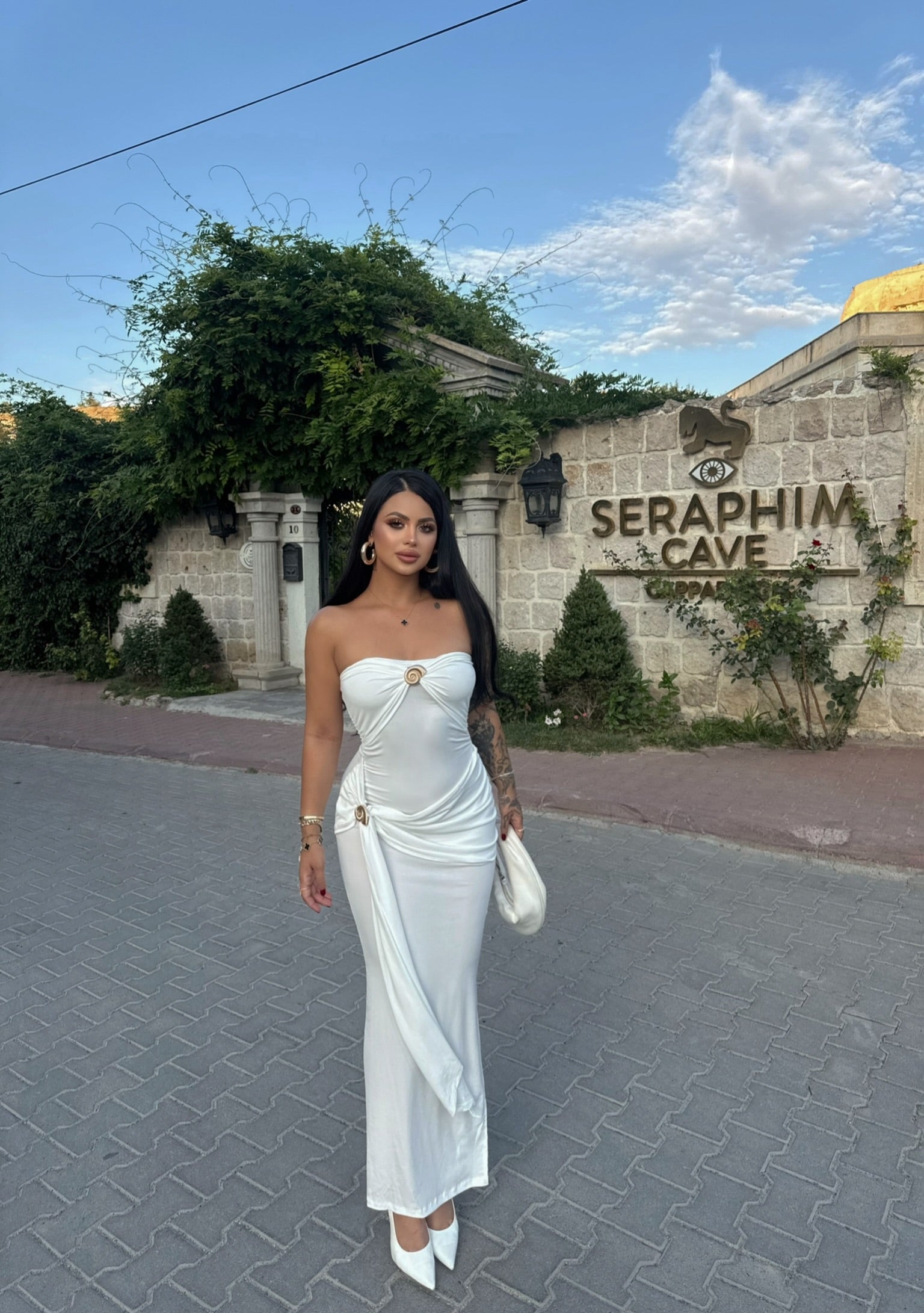 White Double Buckle Strapless Maxi Dress