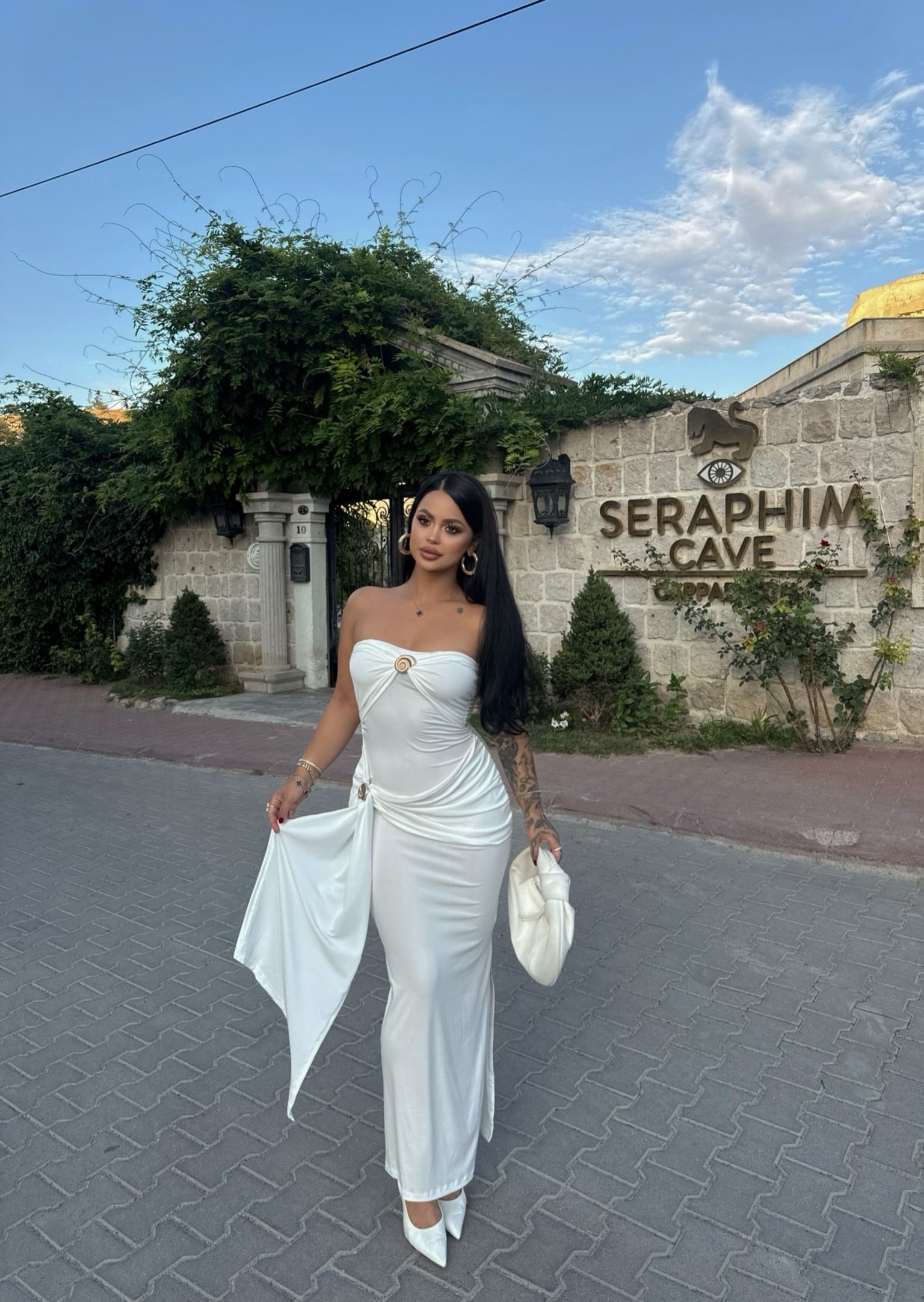White Double Buckle Strapless Maxi Dress