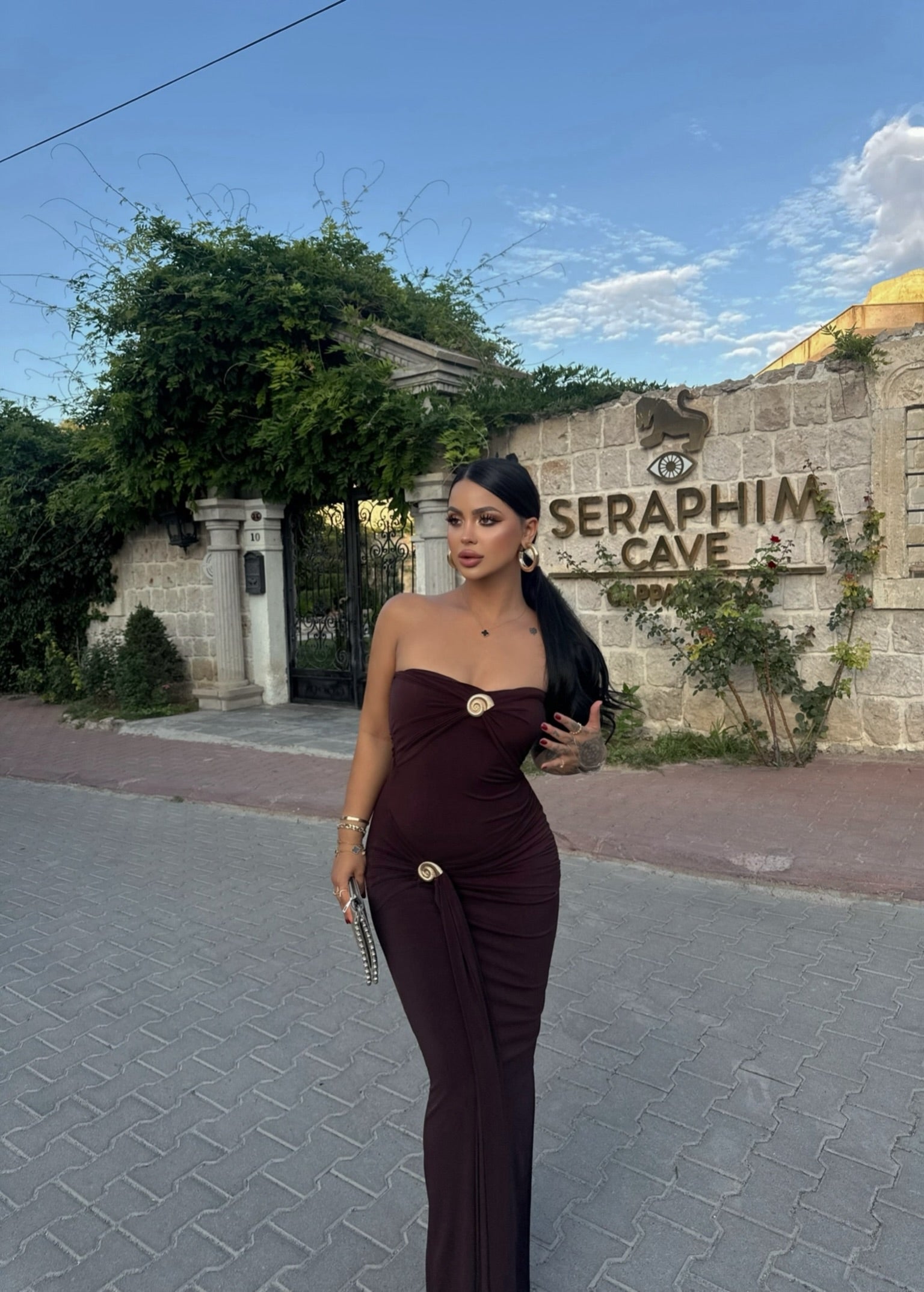 Brown Double Buckle Strapless Maxi Dress