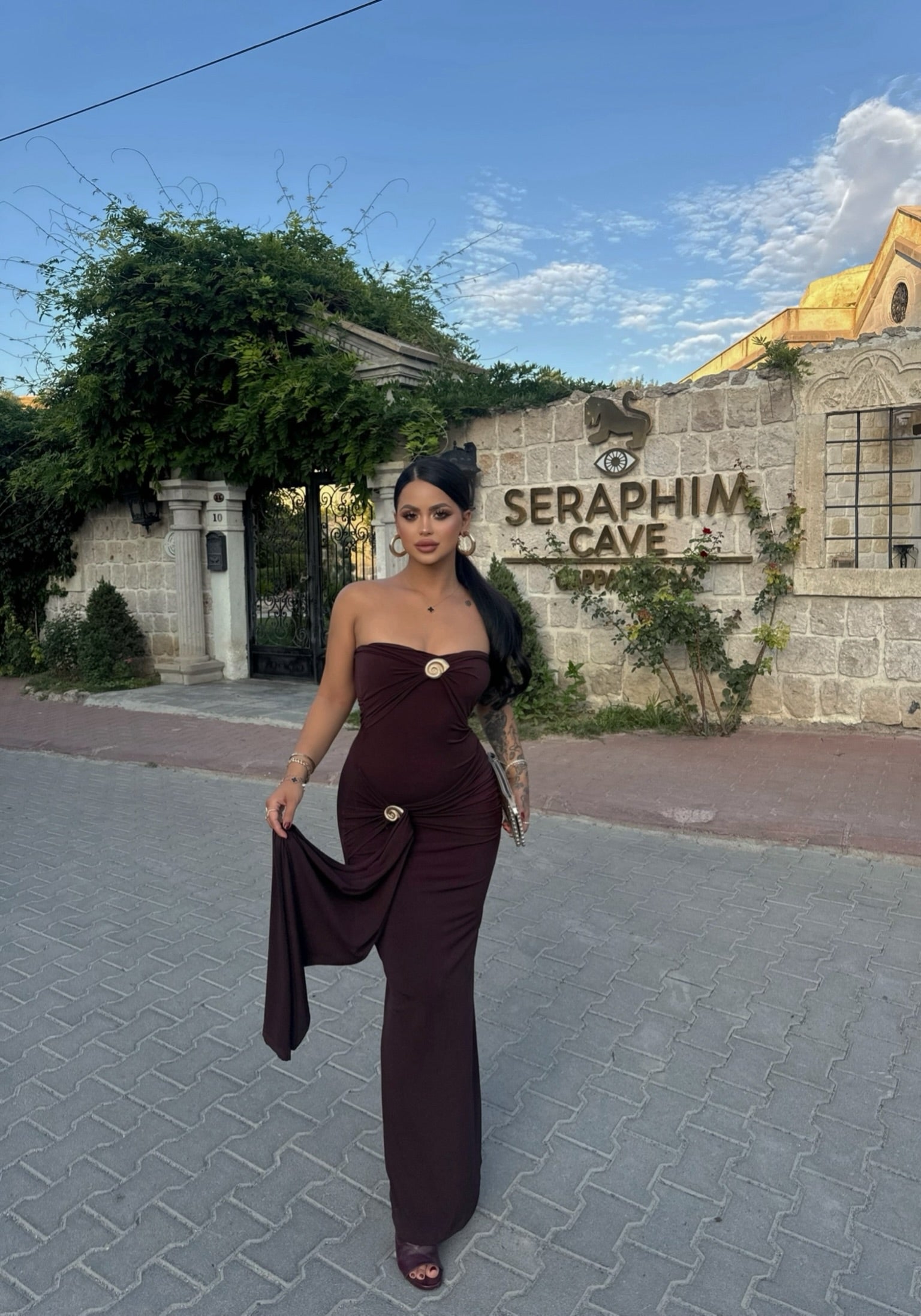 Brown Double Buckle Strapless Maxi Dress