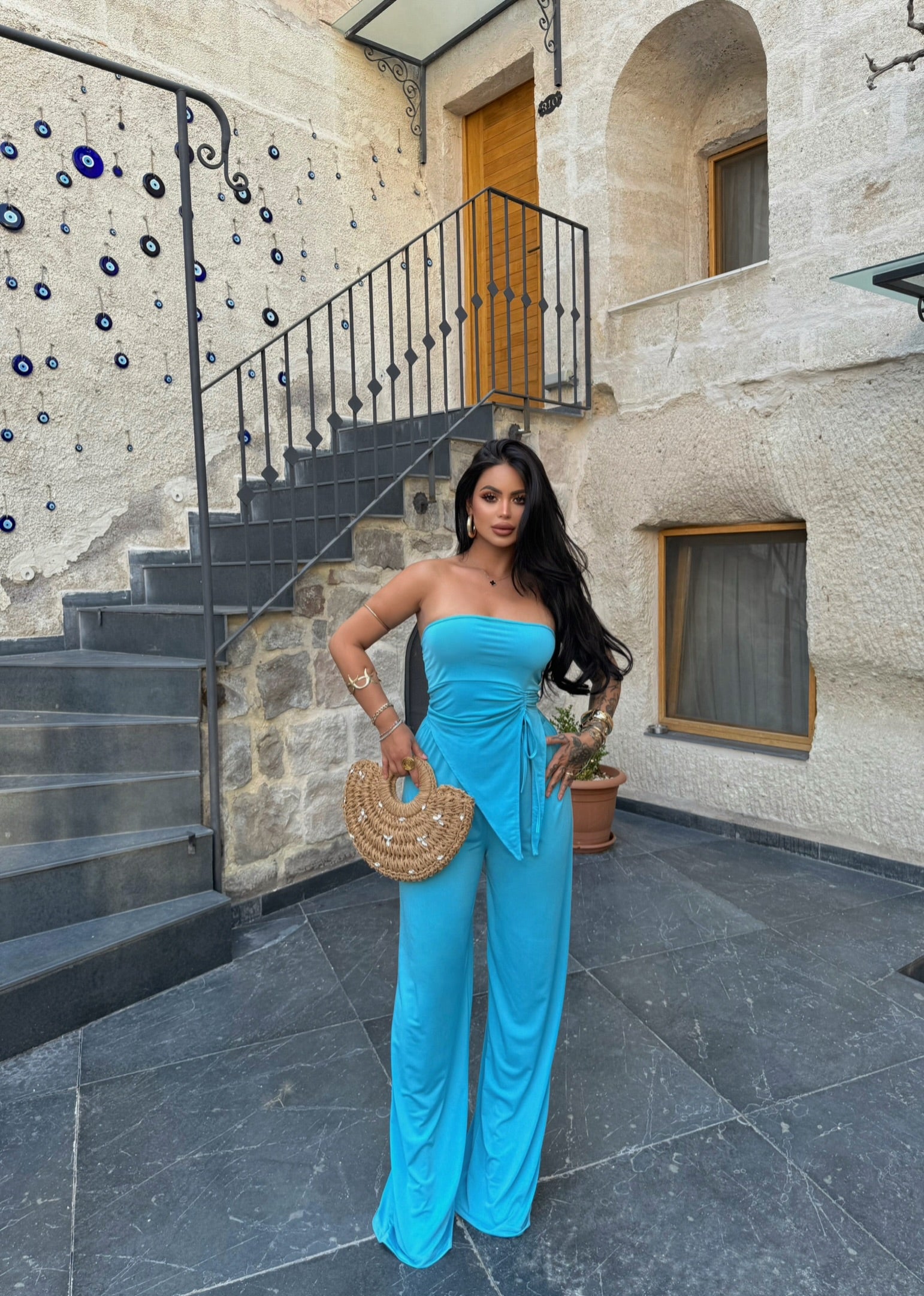Blue Ruched Strapless Two-Piece Set