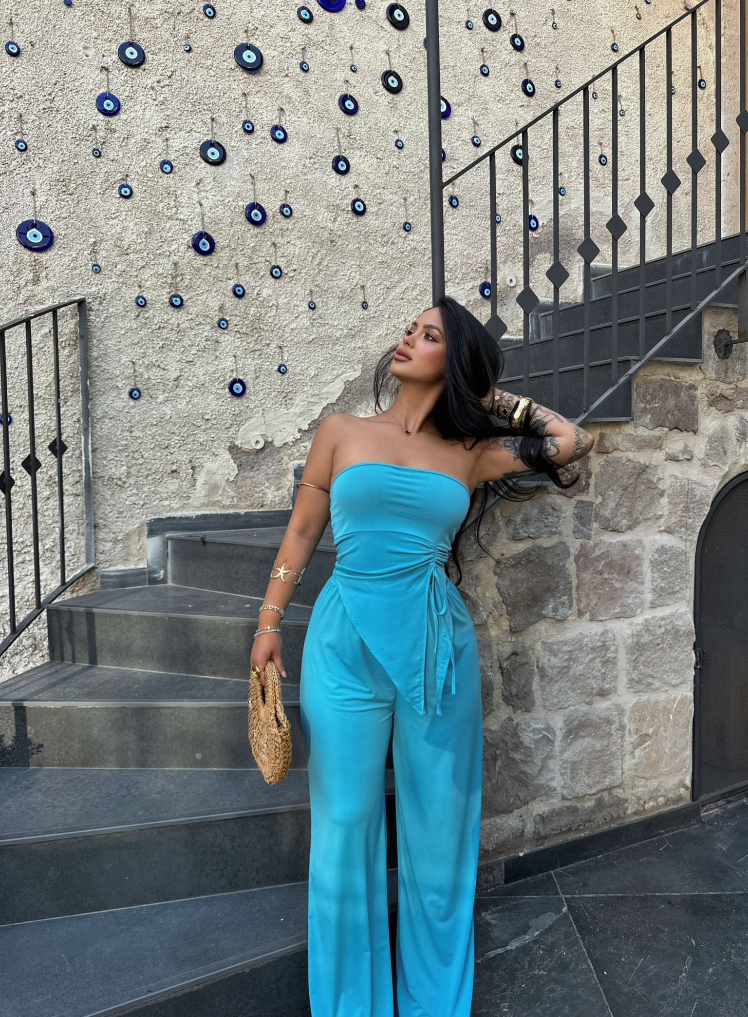Blue Ruched Strapless Two-Piece Set
