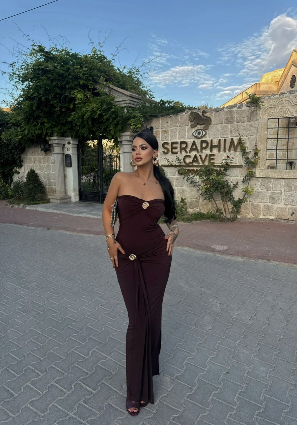 Brown Double Buckle Strapless Maxi Dress