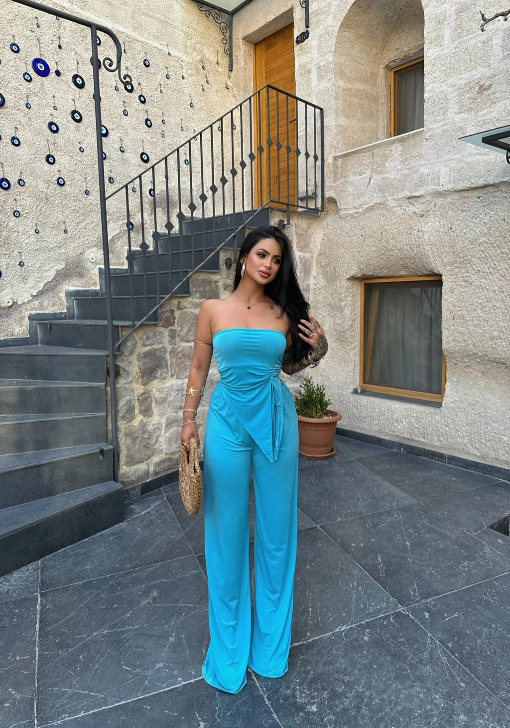 Blue Ruched Strapless Two-Piece Set