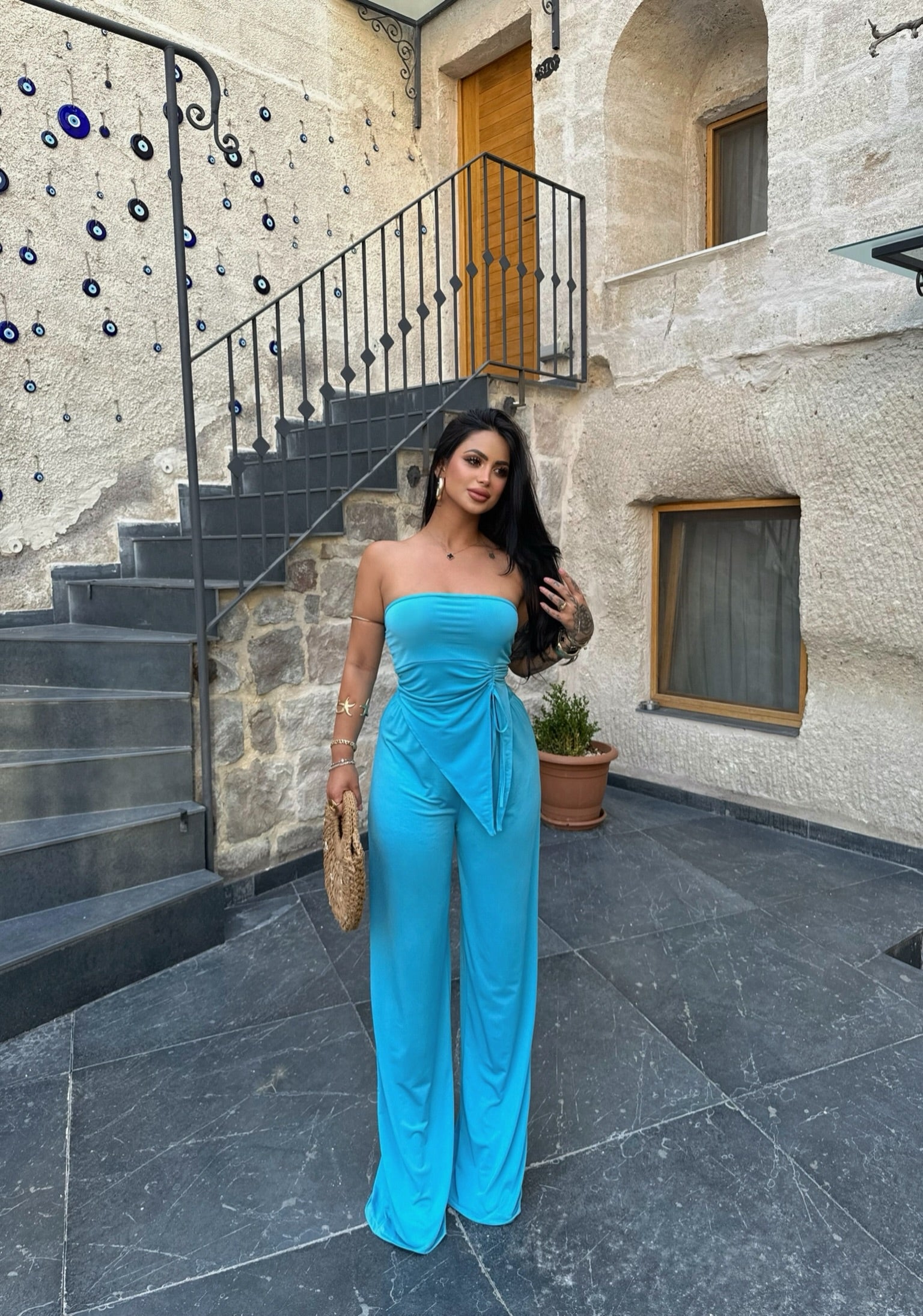 Blue Ruched Strapless Two-Piece Set