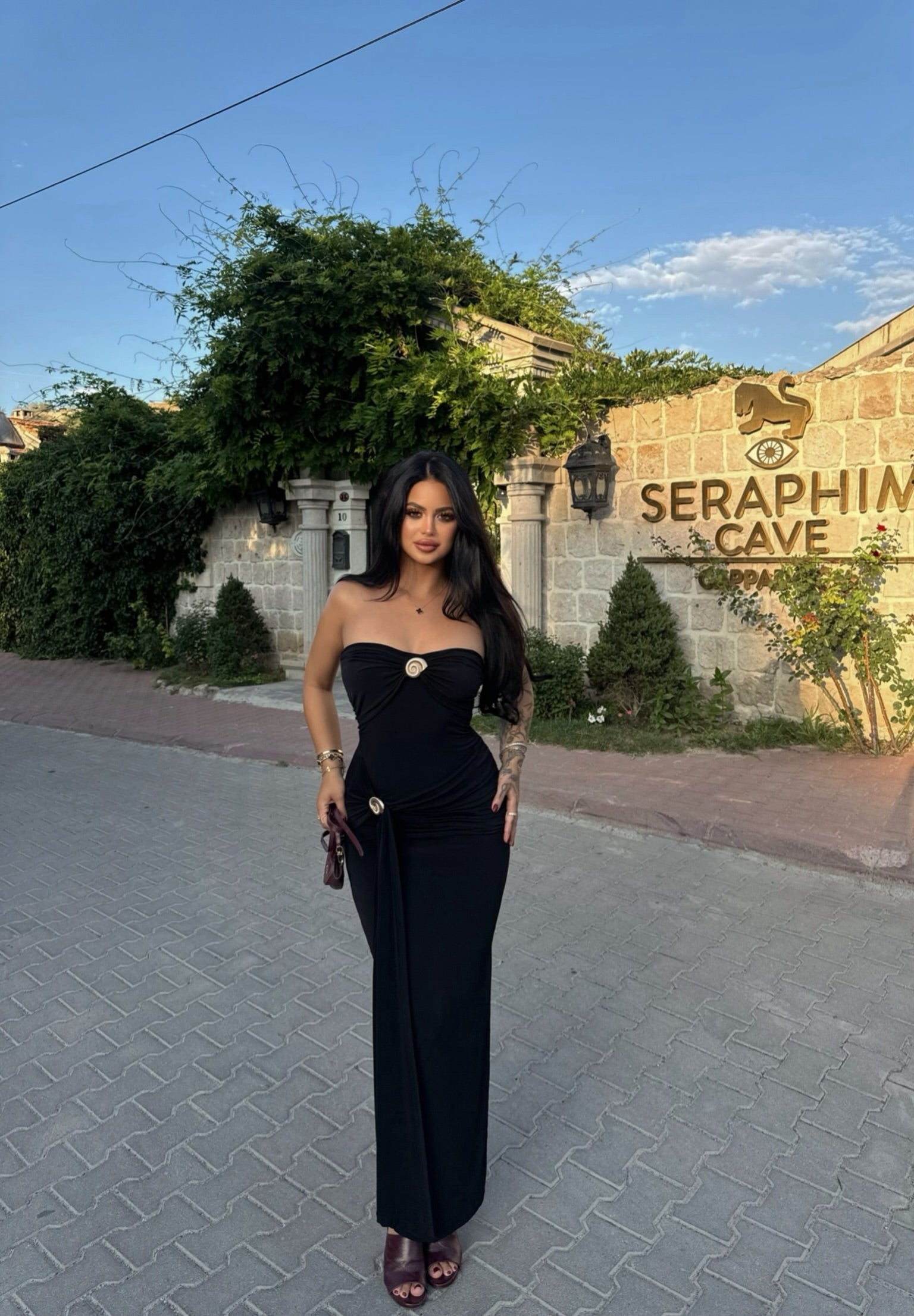 Black Double Buckle Strapless Maxi Dress