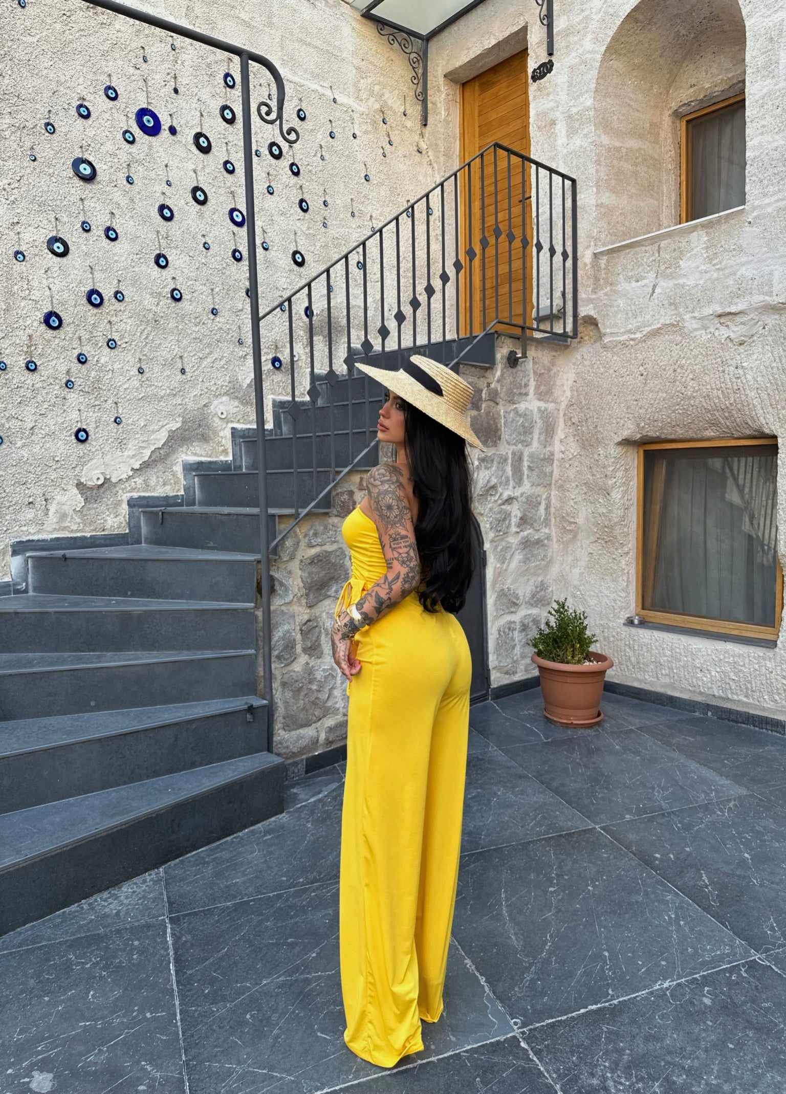Yellow Ruched Strapless Two-Piece Set